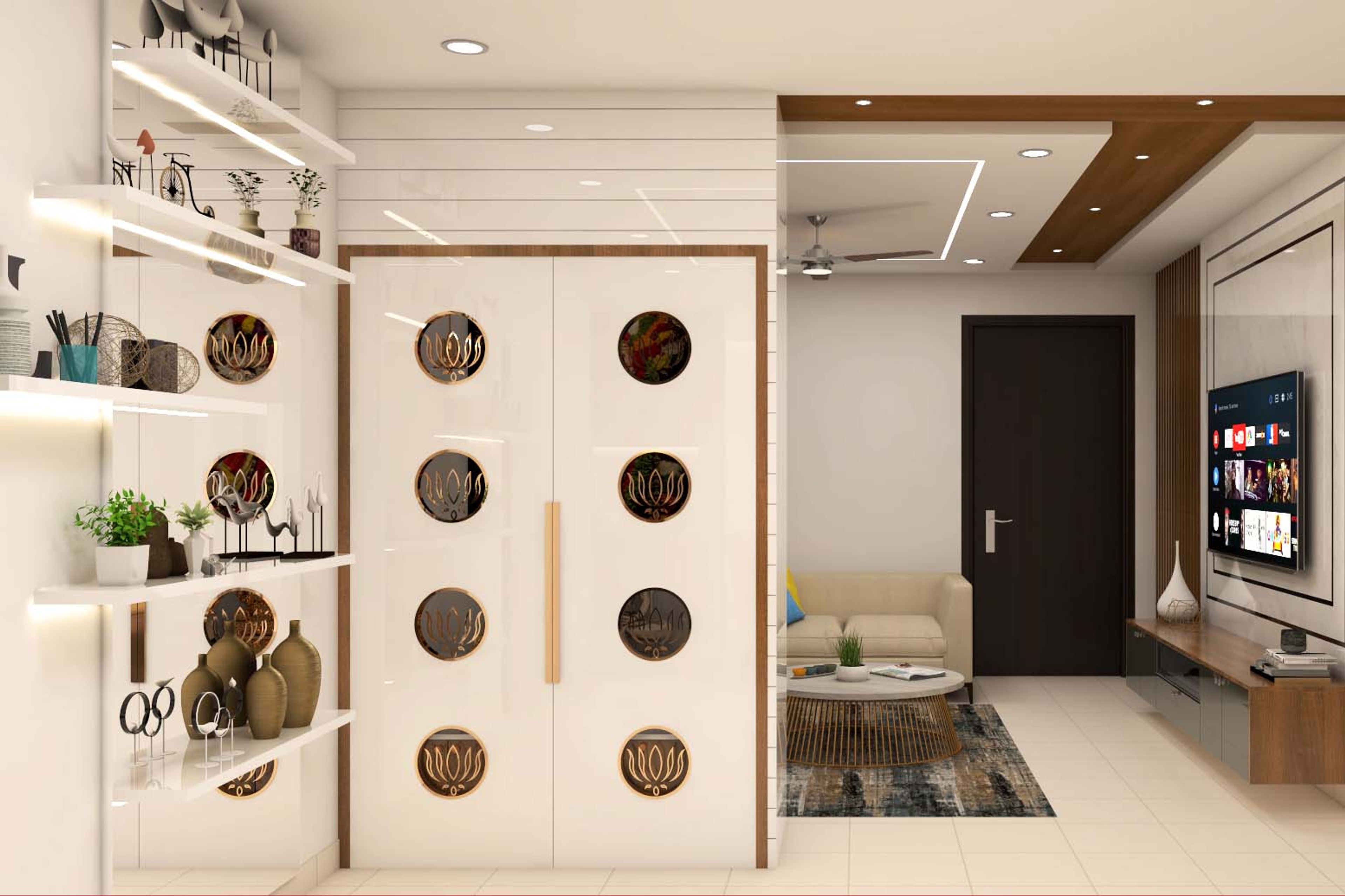 White And Wood Pooja Unit - Livspace