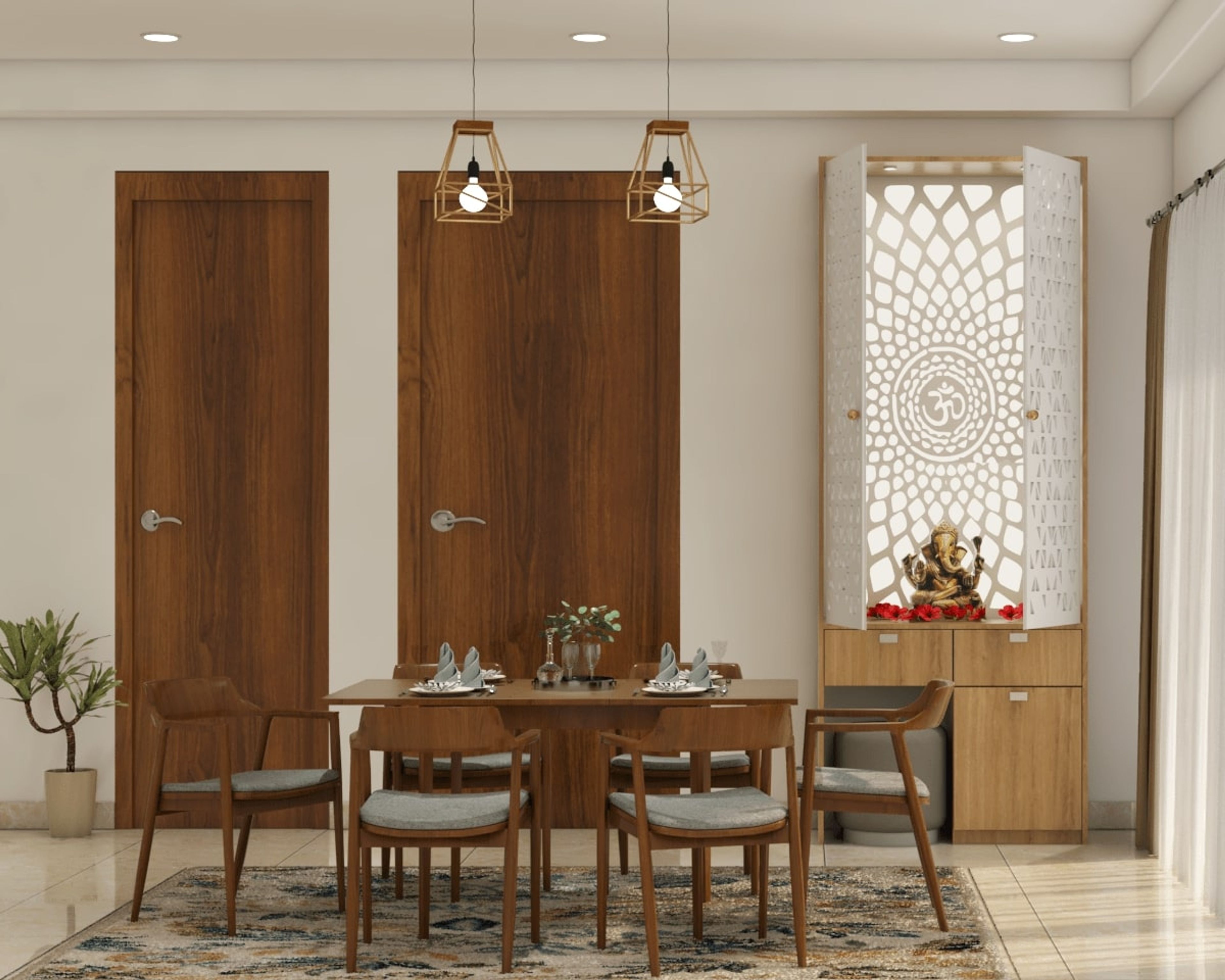 Modern Mandir Design With Storage For Dining Area