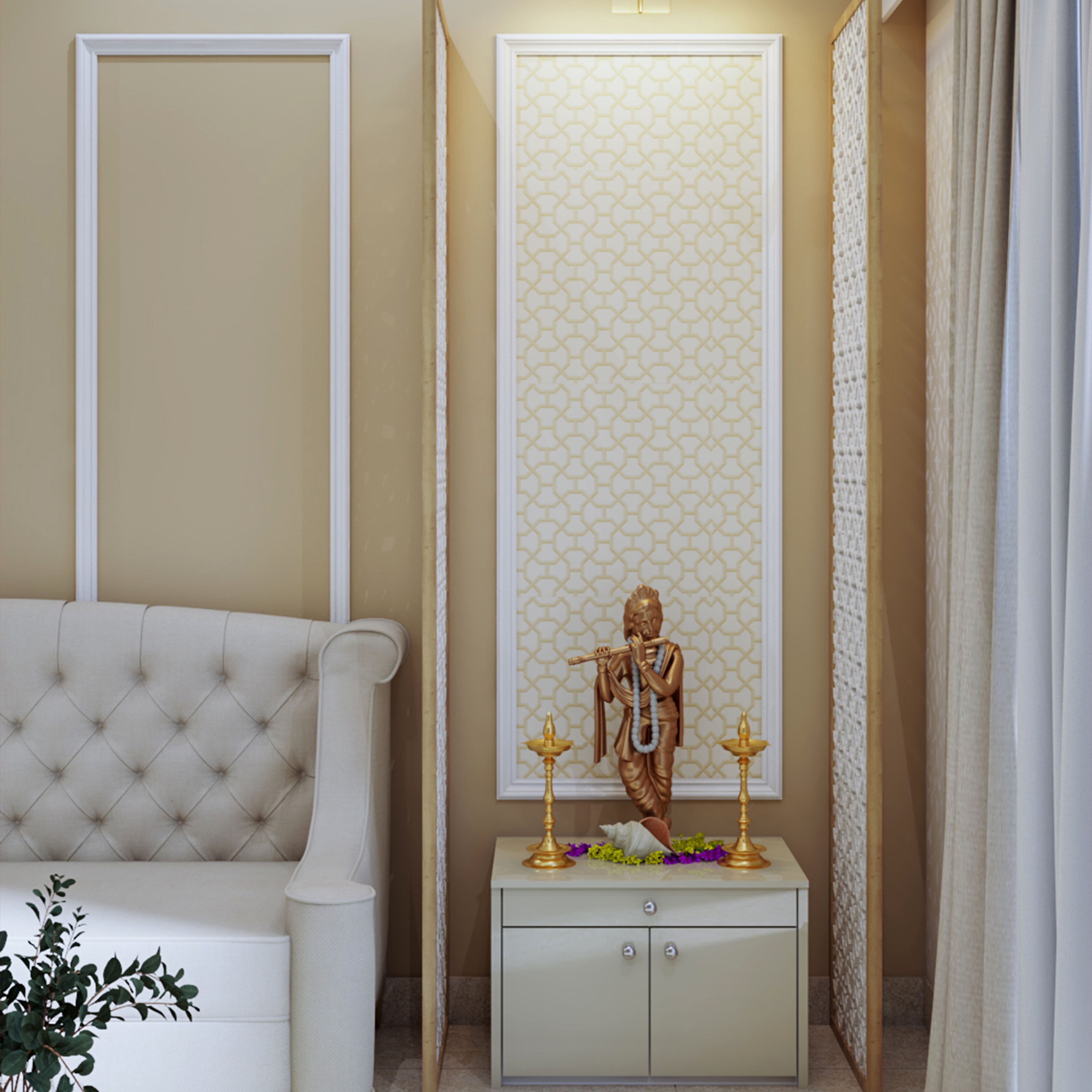 Contemporary Mandir Design With Frosty White Unit