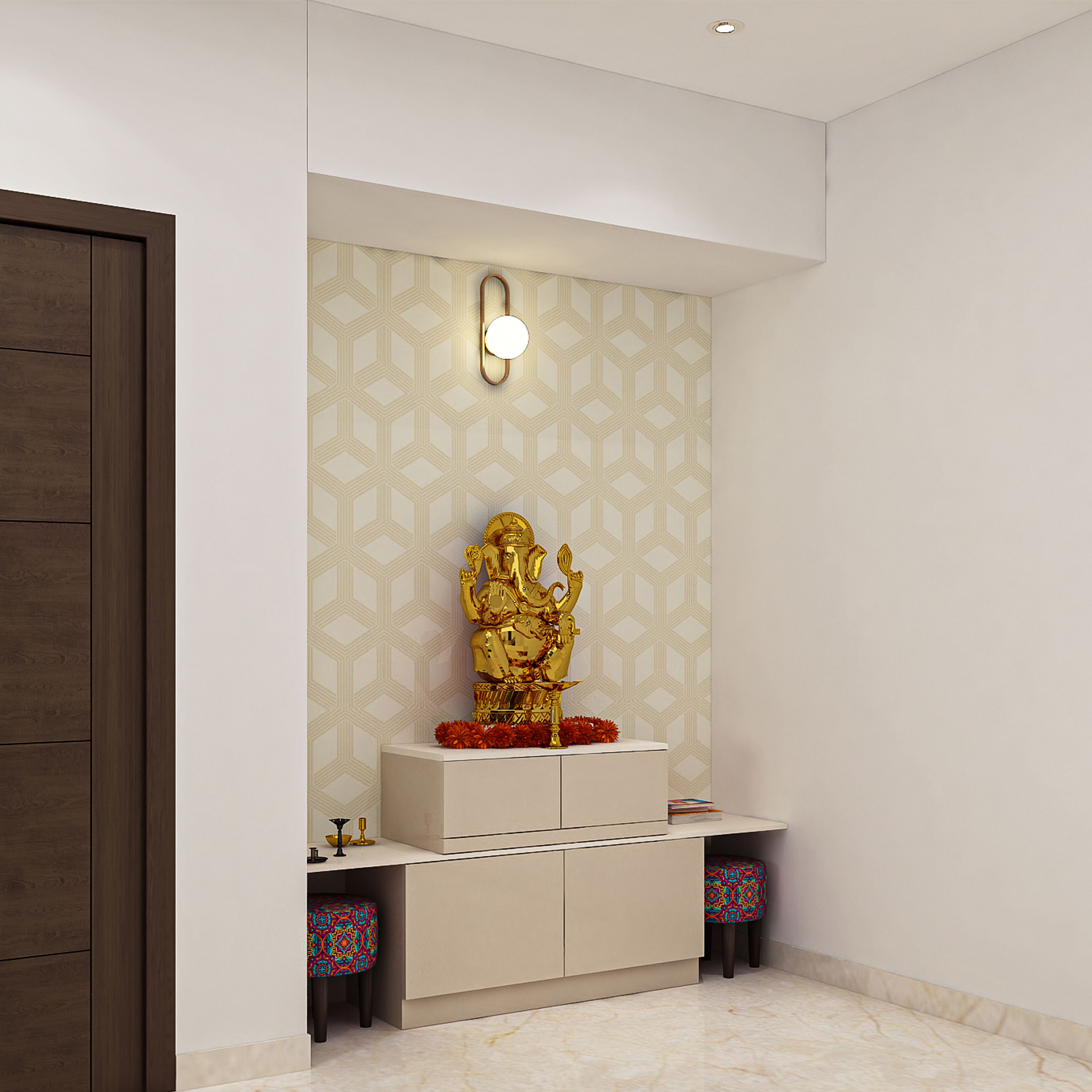 Contemporary Mandir Design With Printed Wallpaper