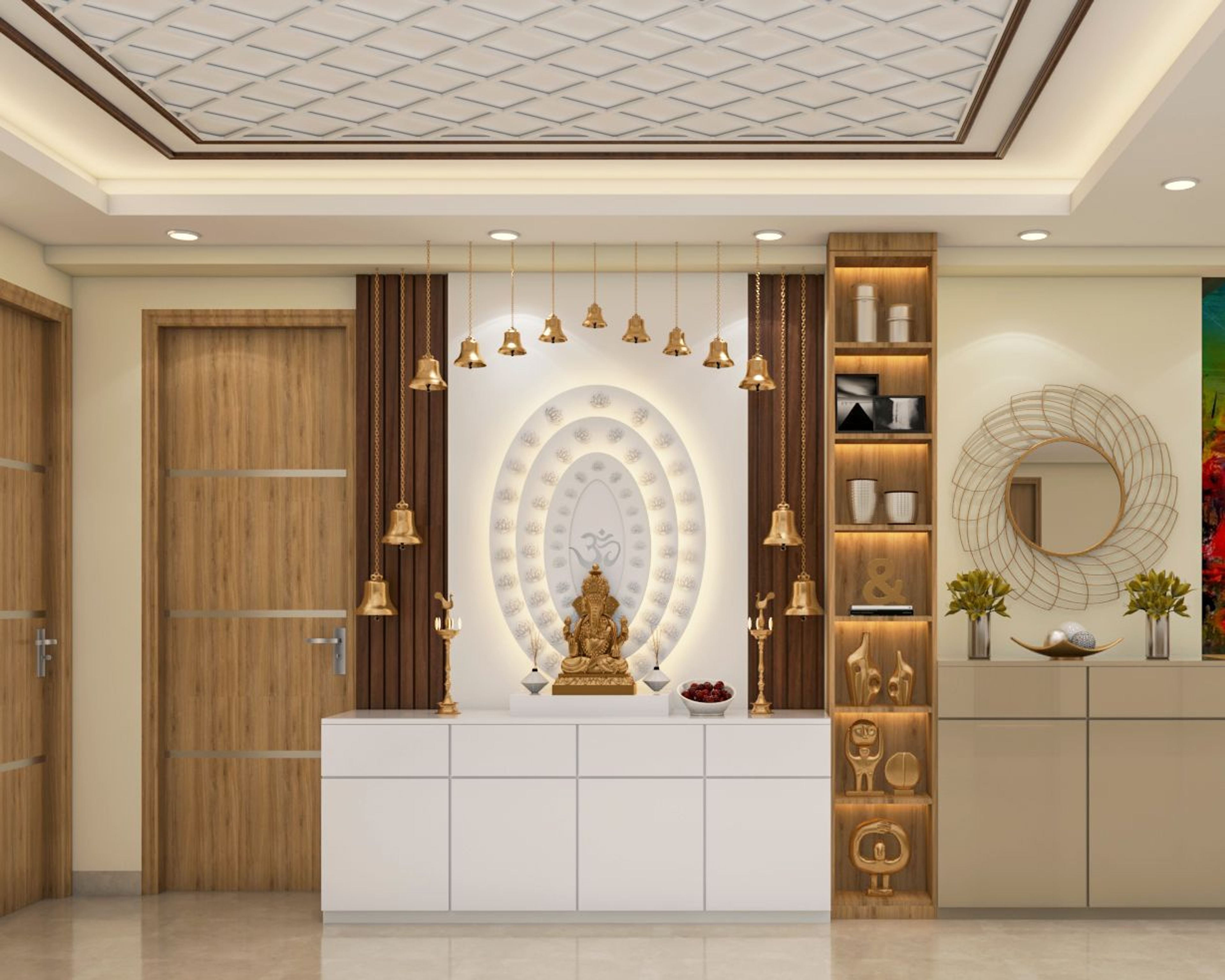 Modern Mandir Design With Storage Cabinets And Shelves