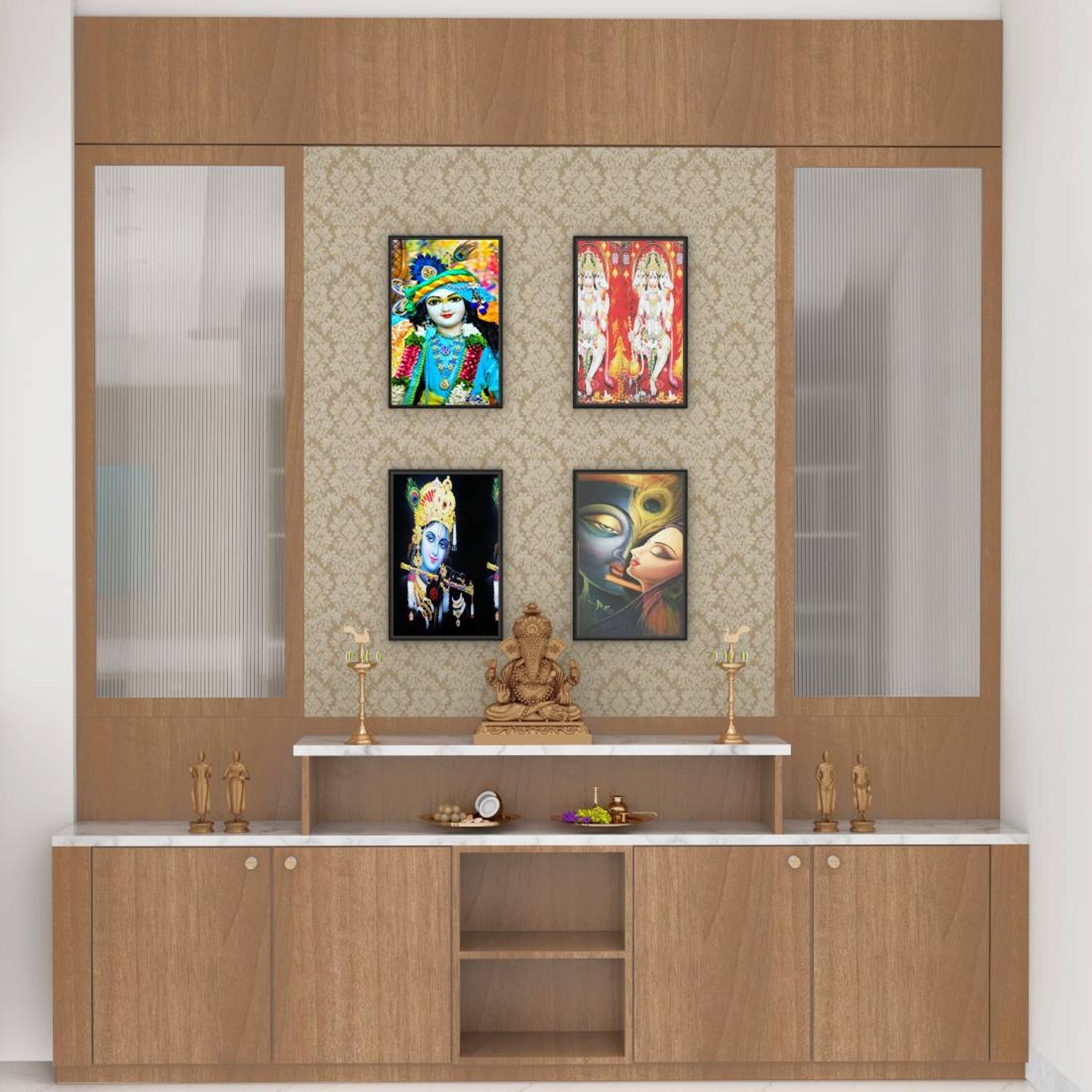 Spacious Mandir Design With Wooden Panelled Wall