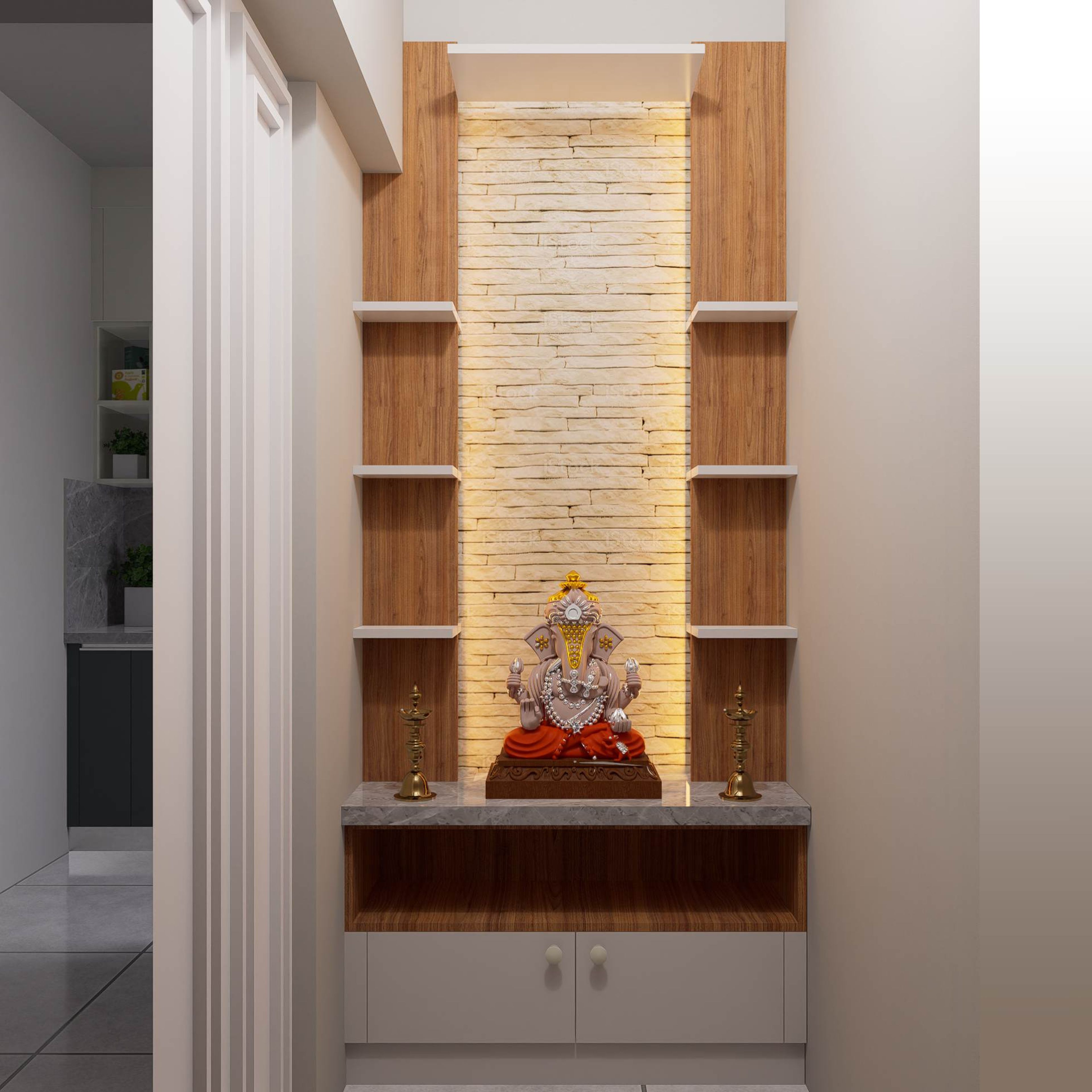 Modern Mandir Design With Rafter Panelling