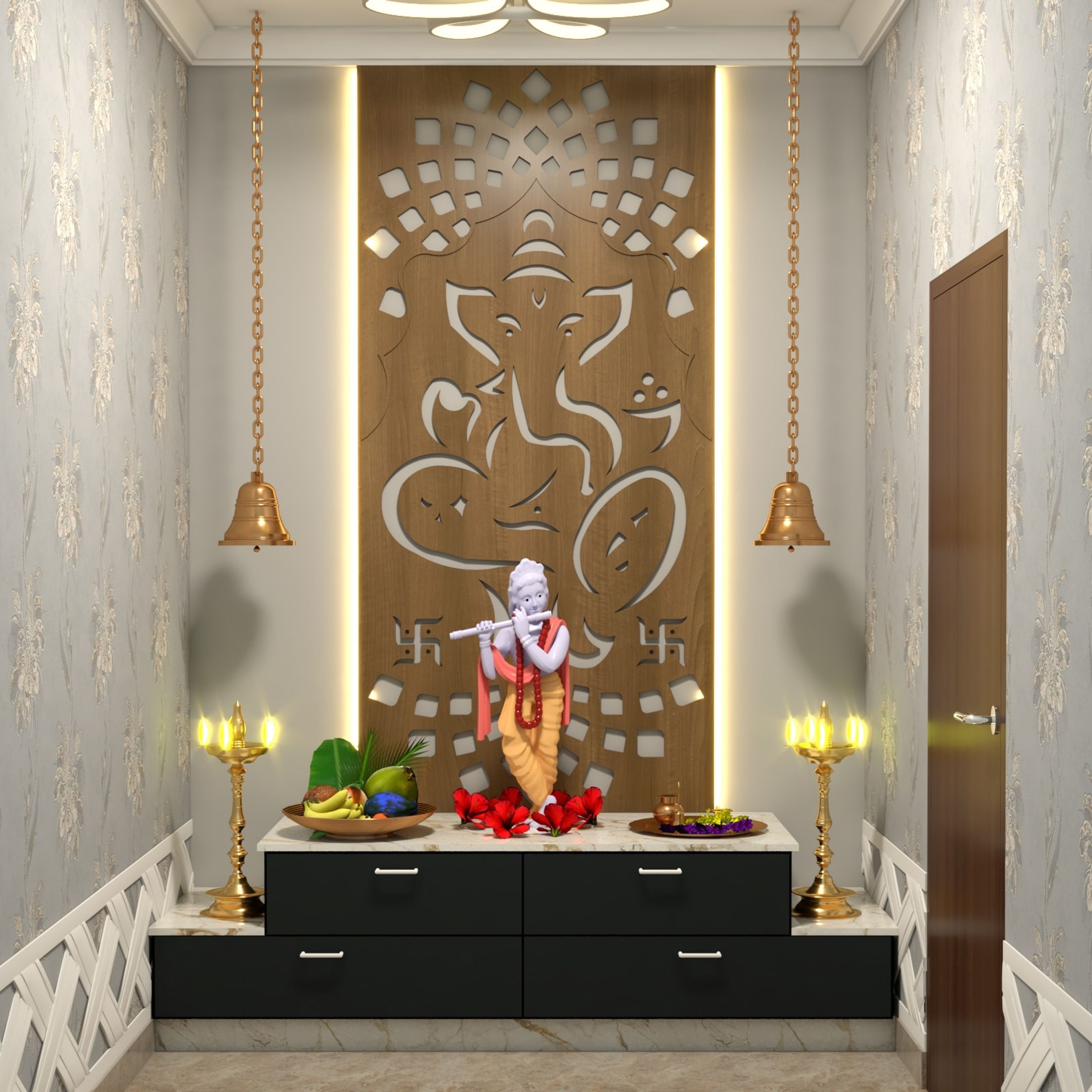 Spacious Mandir Design With A Two-Tier Platform And CNC Carvings