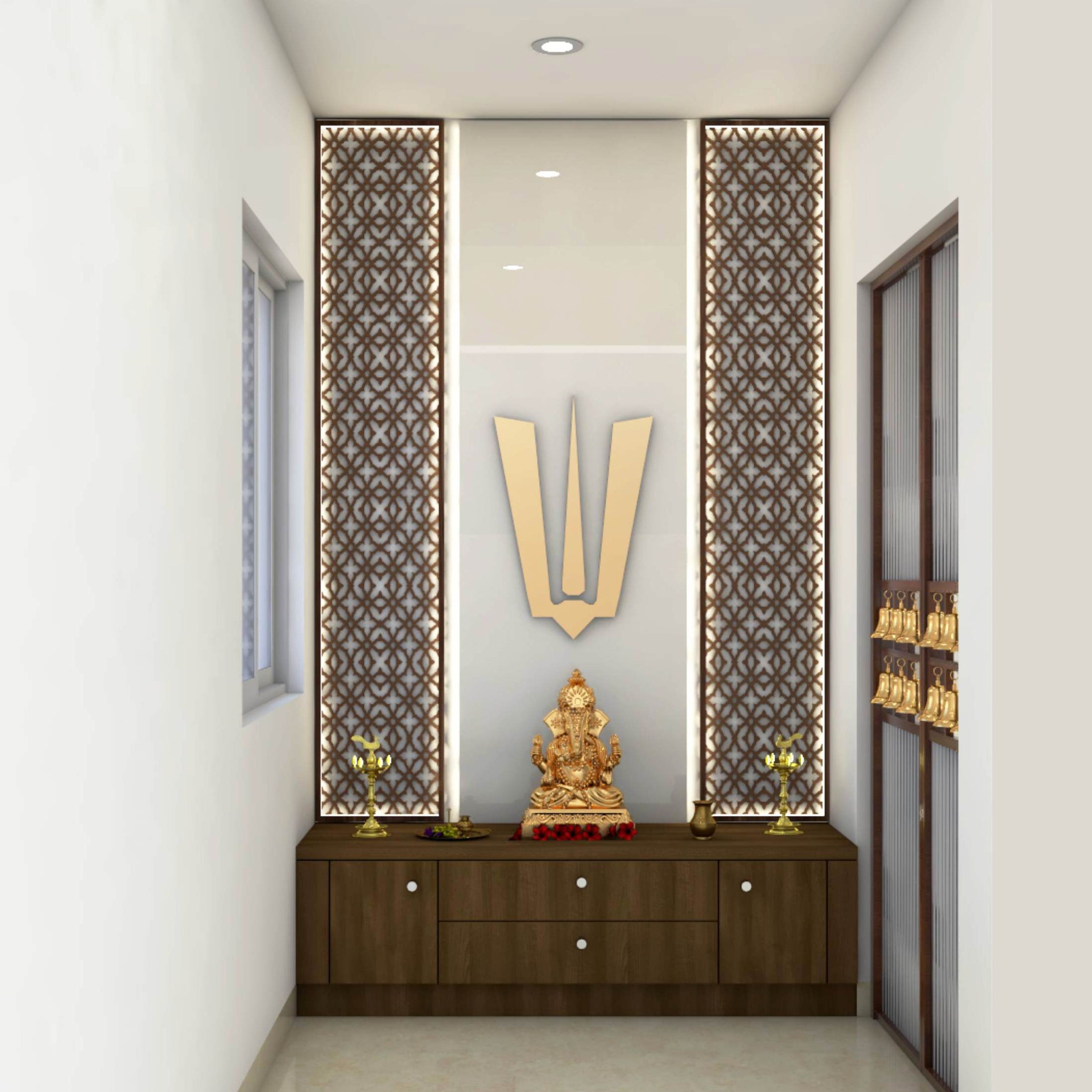 Spacious Mandir Design With Walnut Laminate