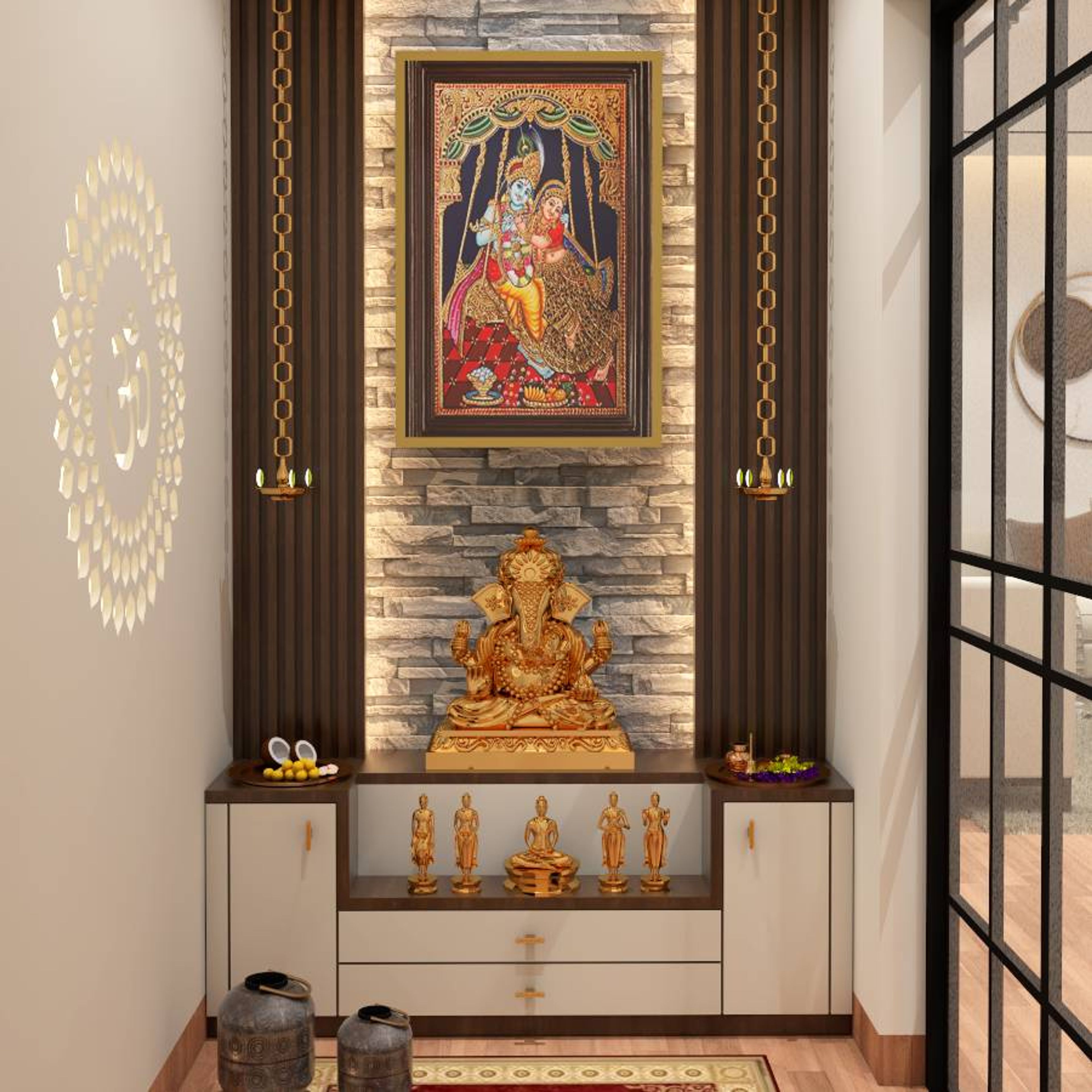 Contemporary Mandir Design With Back Wall Stone Cladding