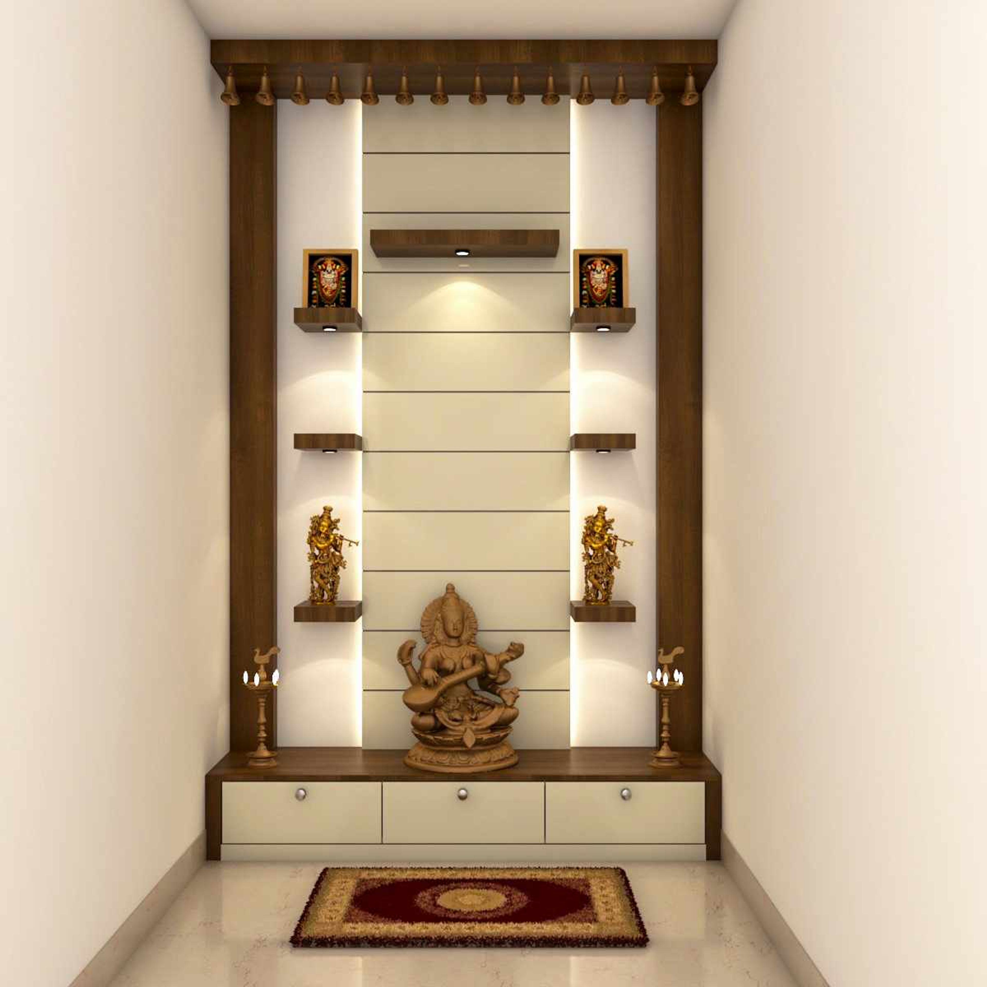 Modern Mandir Design With Wooden Slabs And Hanging Bells