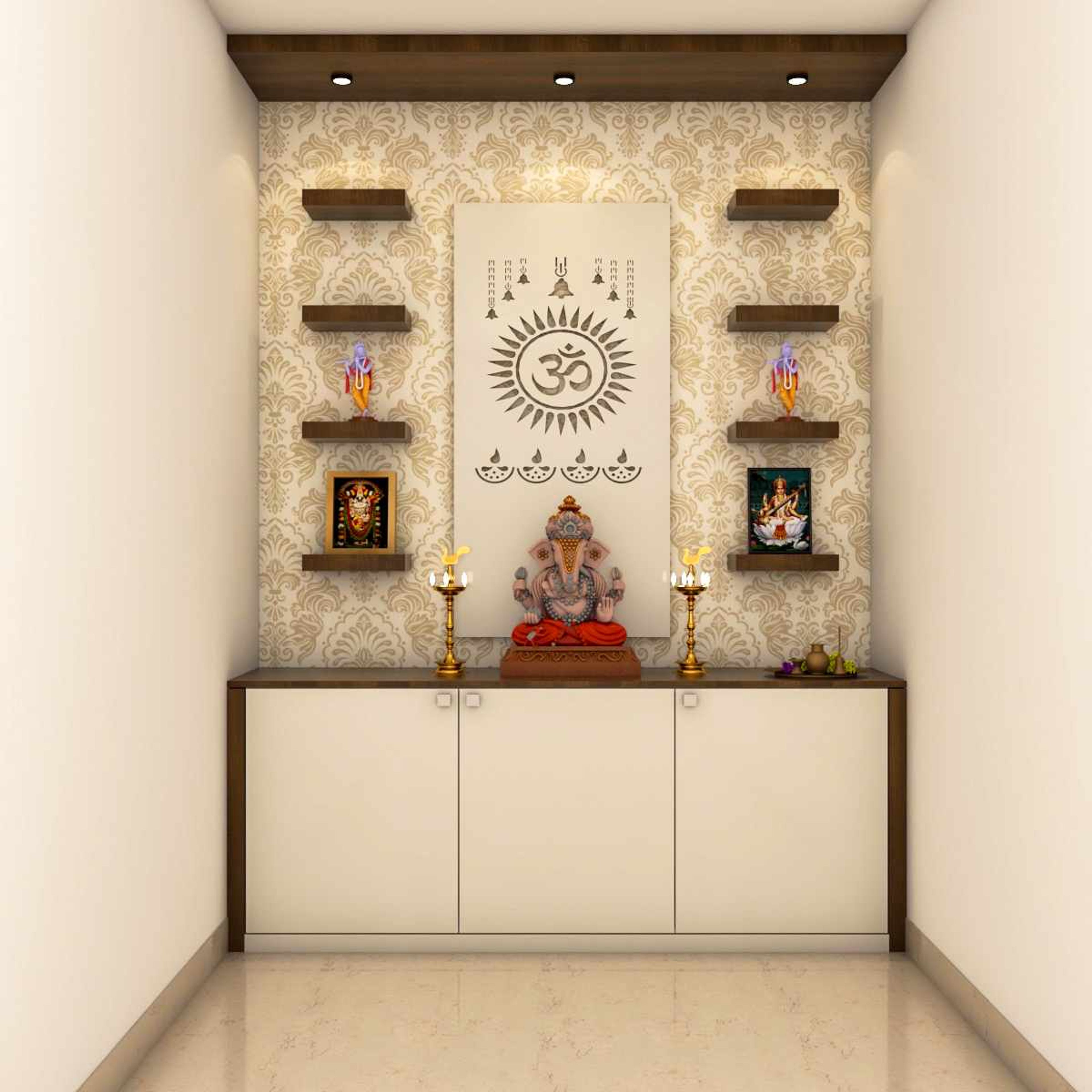 Modern Mandir Design In Cream And Wooden Finishes