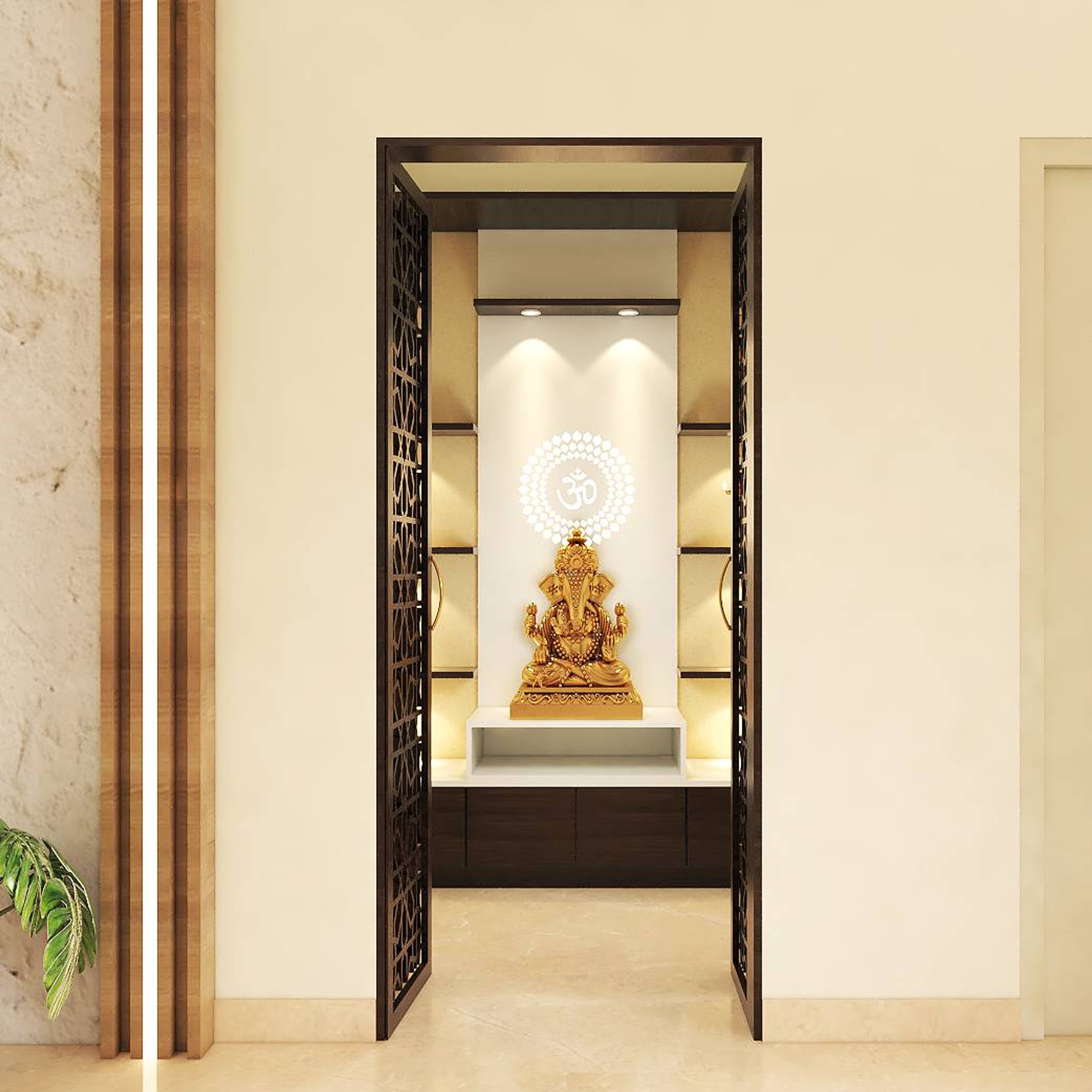 Compact Mandir Design With Engraved Doors And Storage