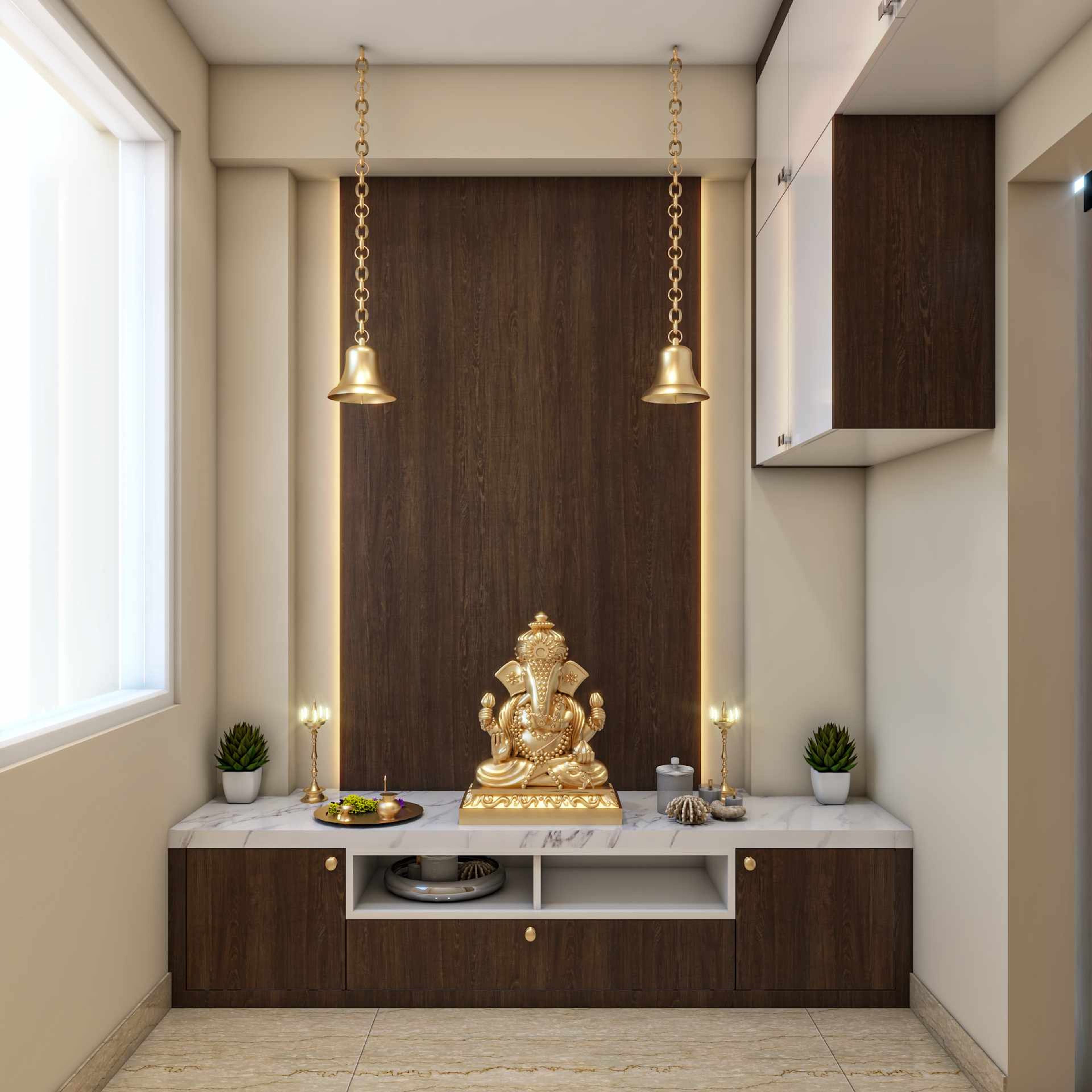 Modern Mandir Design With Wooden And Marble Finishes