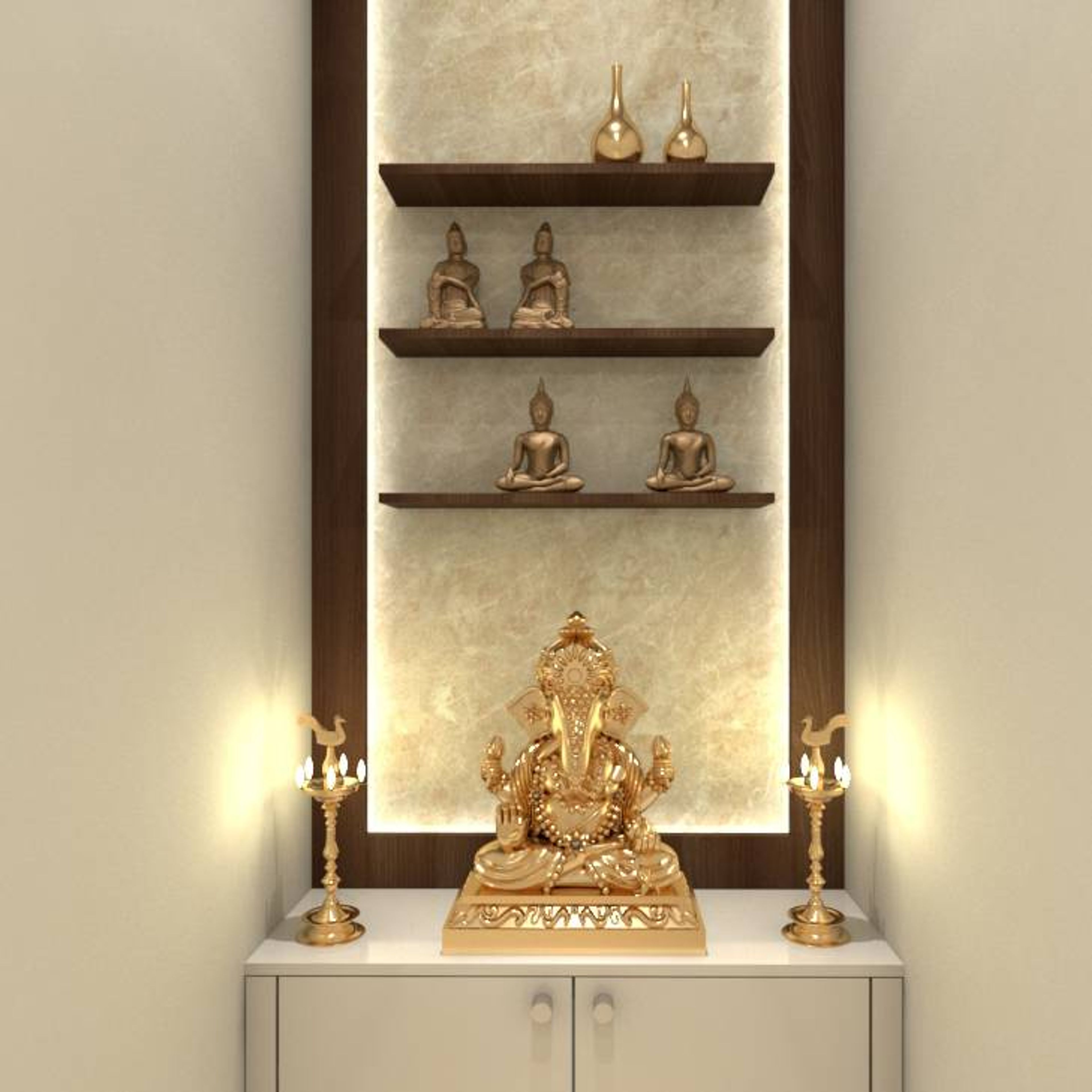 Contemporary Mandir Design With Storage And Beige Wall
