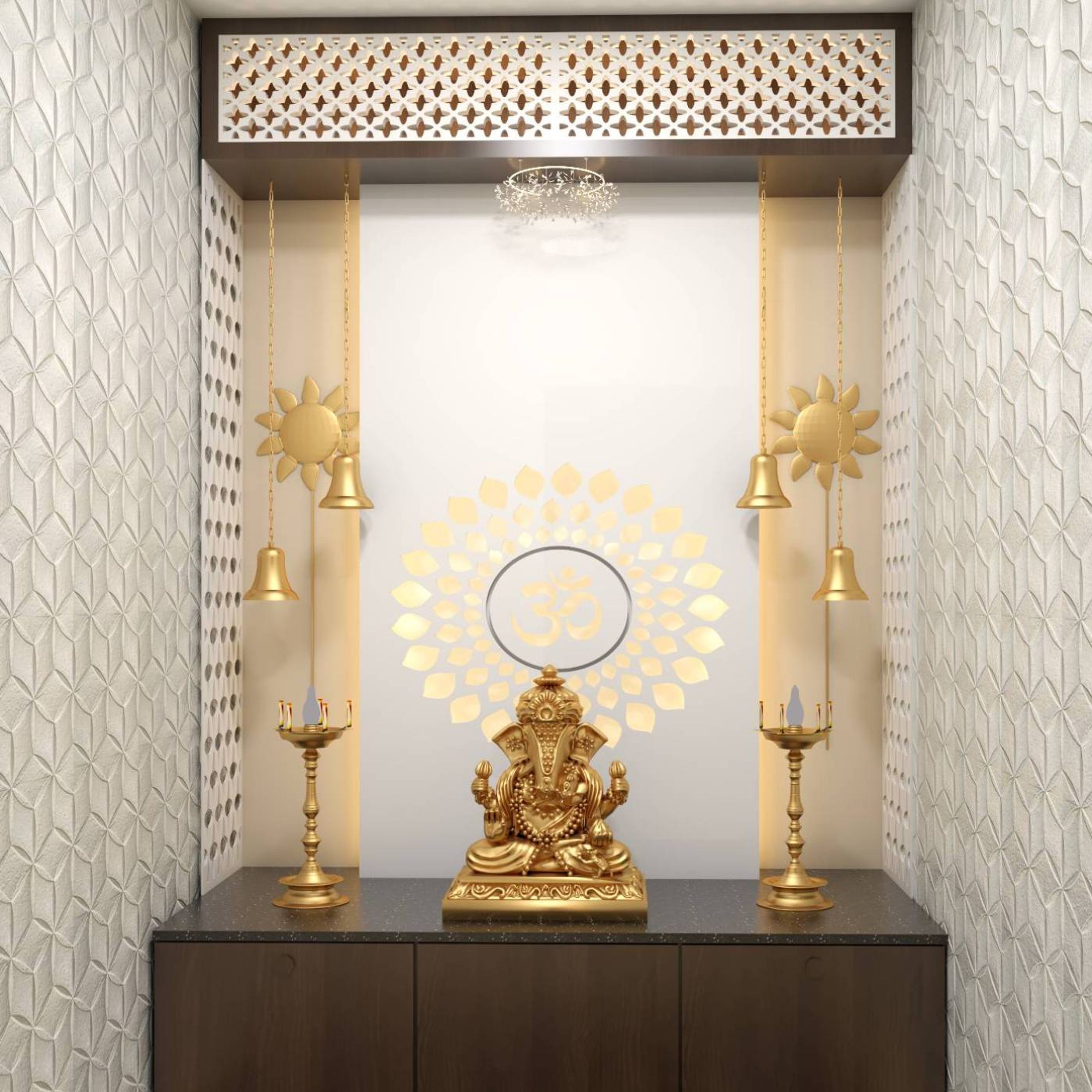 Modern Mandir Design With Hexagonal Wallpaper