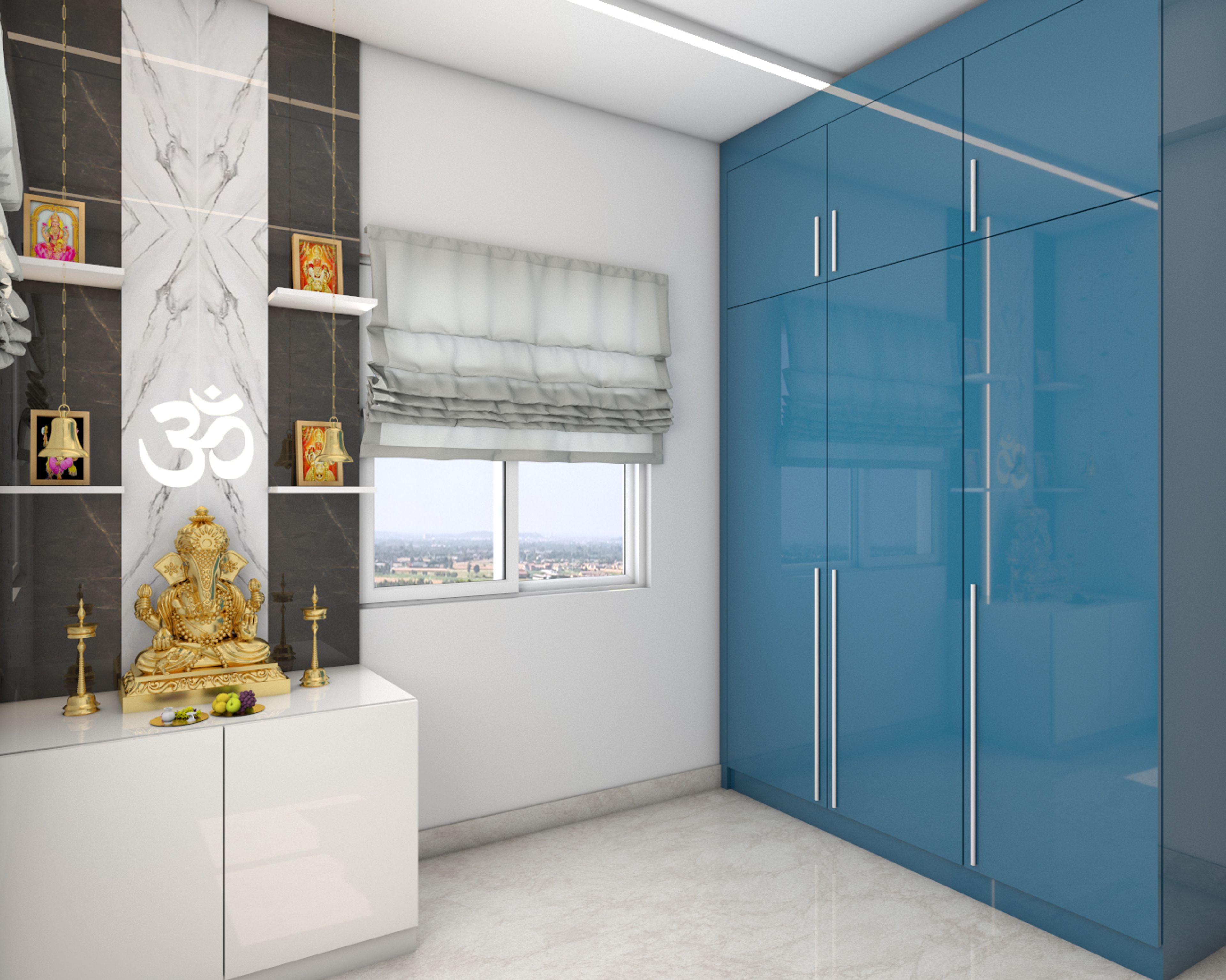 Contemporary Mandir Design With White And Brown Interiors