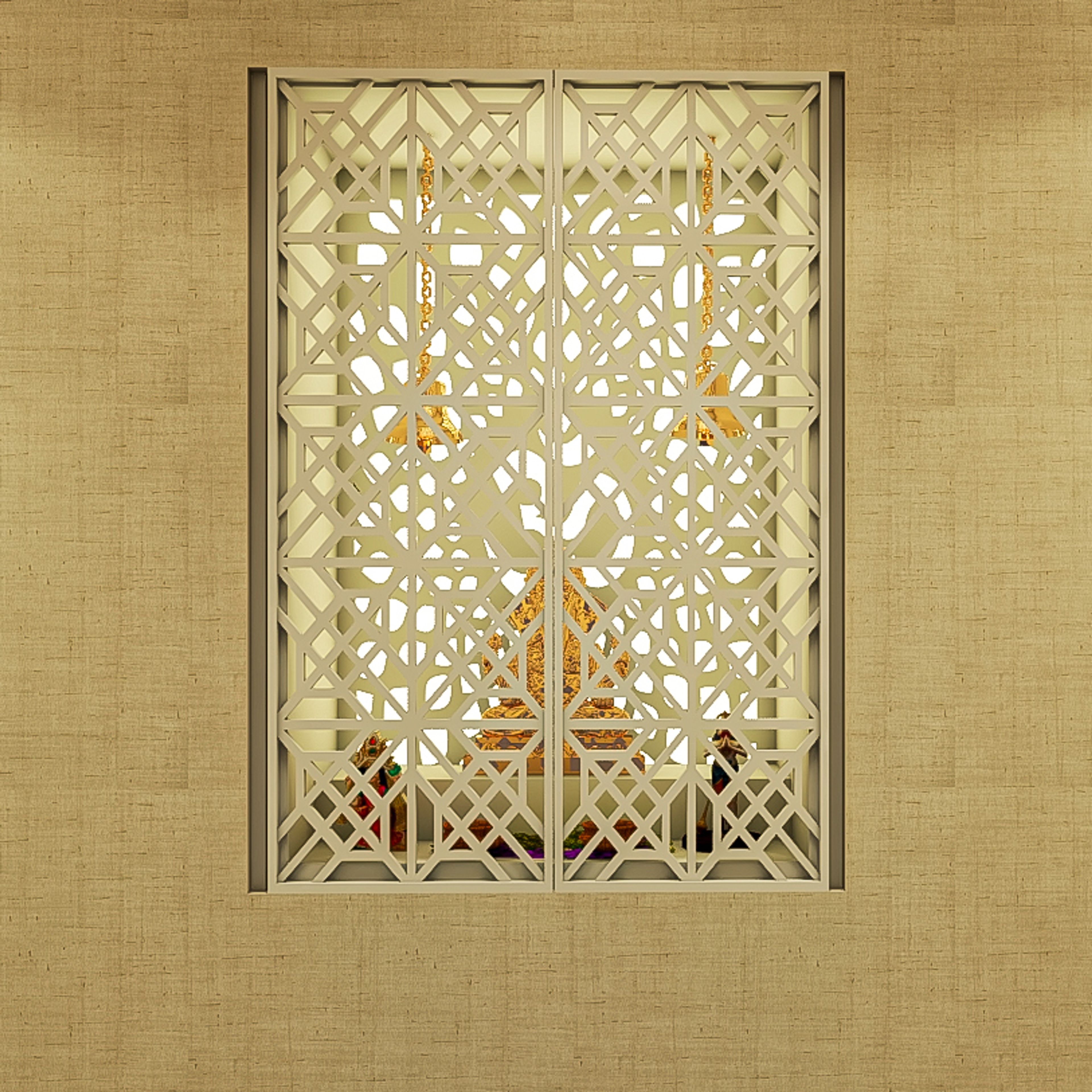 Spacious Mandir Design With White Jali Backdrop