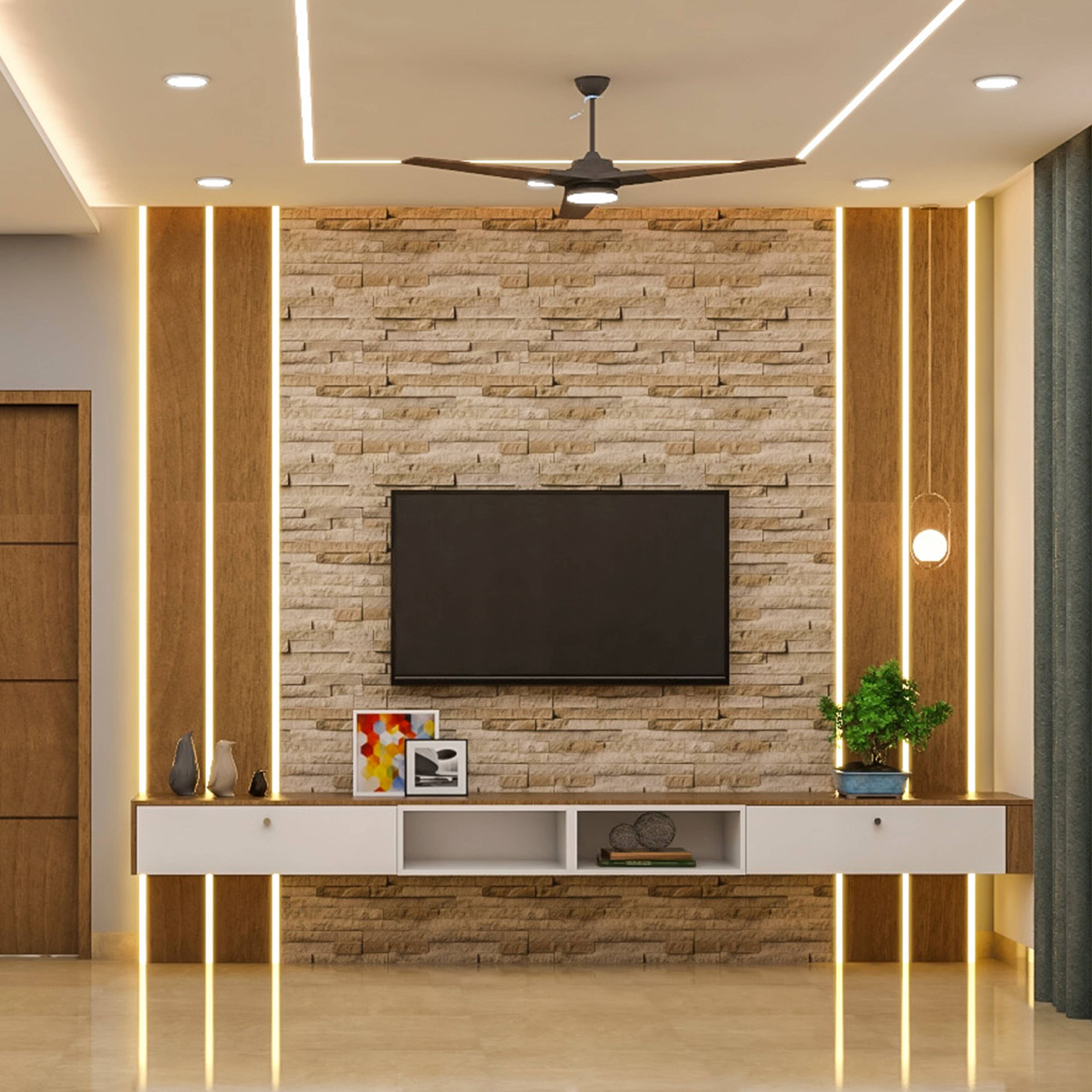 Classic Wall-Mounted TV Unit Design In White And Bronze