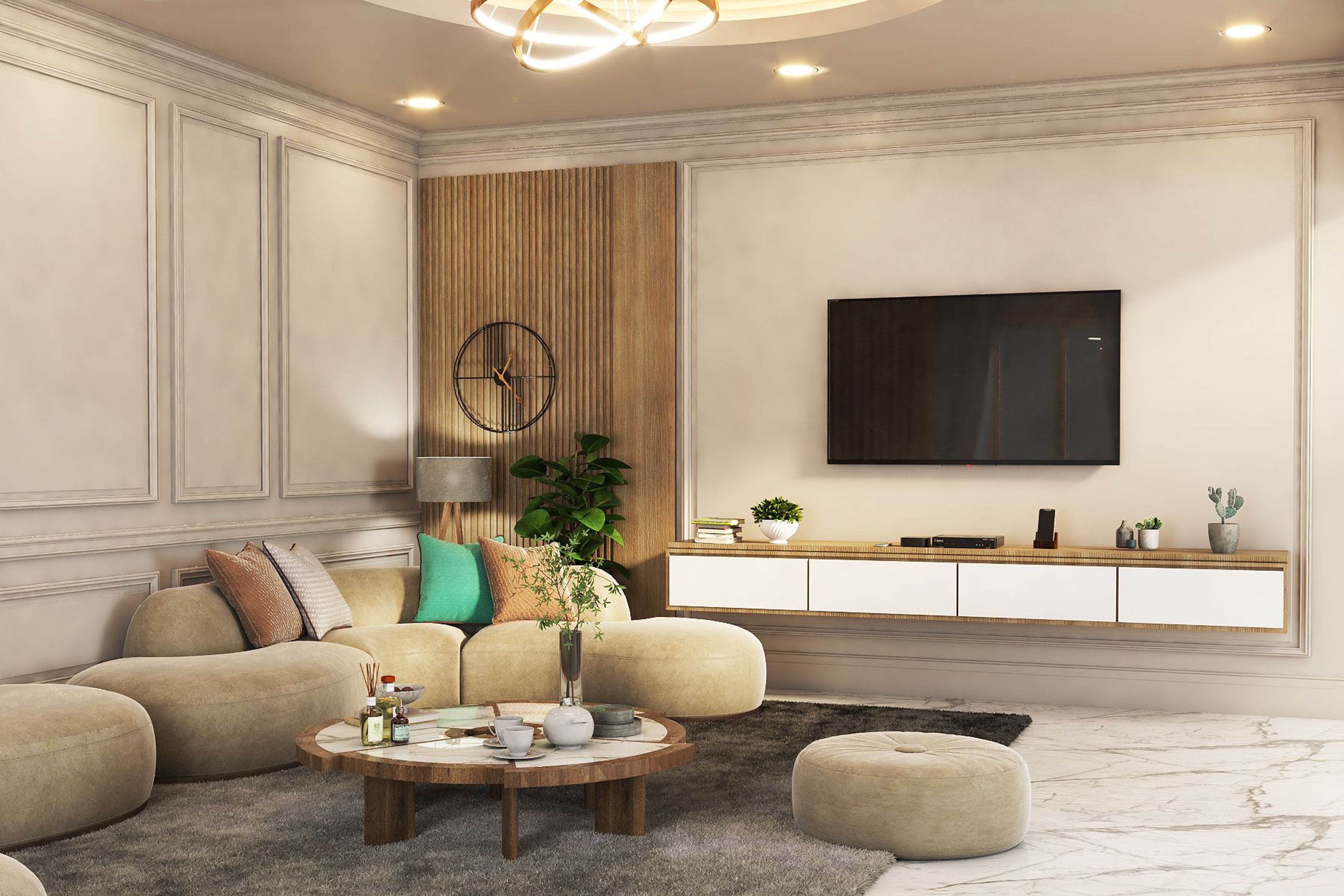 TV Design Unit with Wooden Reapers and Beige Trims-Livspace