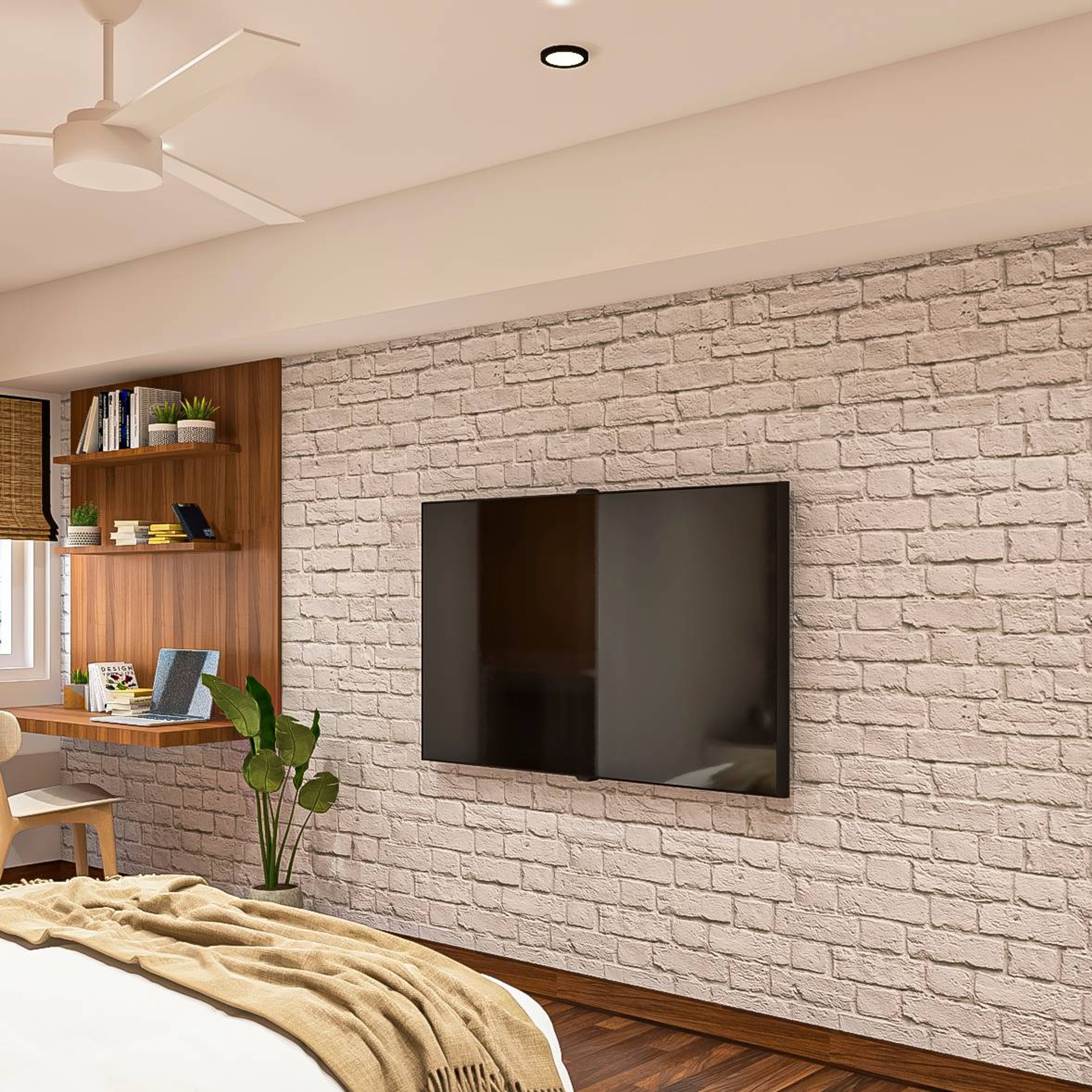 Modern Home Office Design With Rustic White Brick Wall