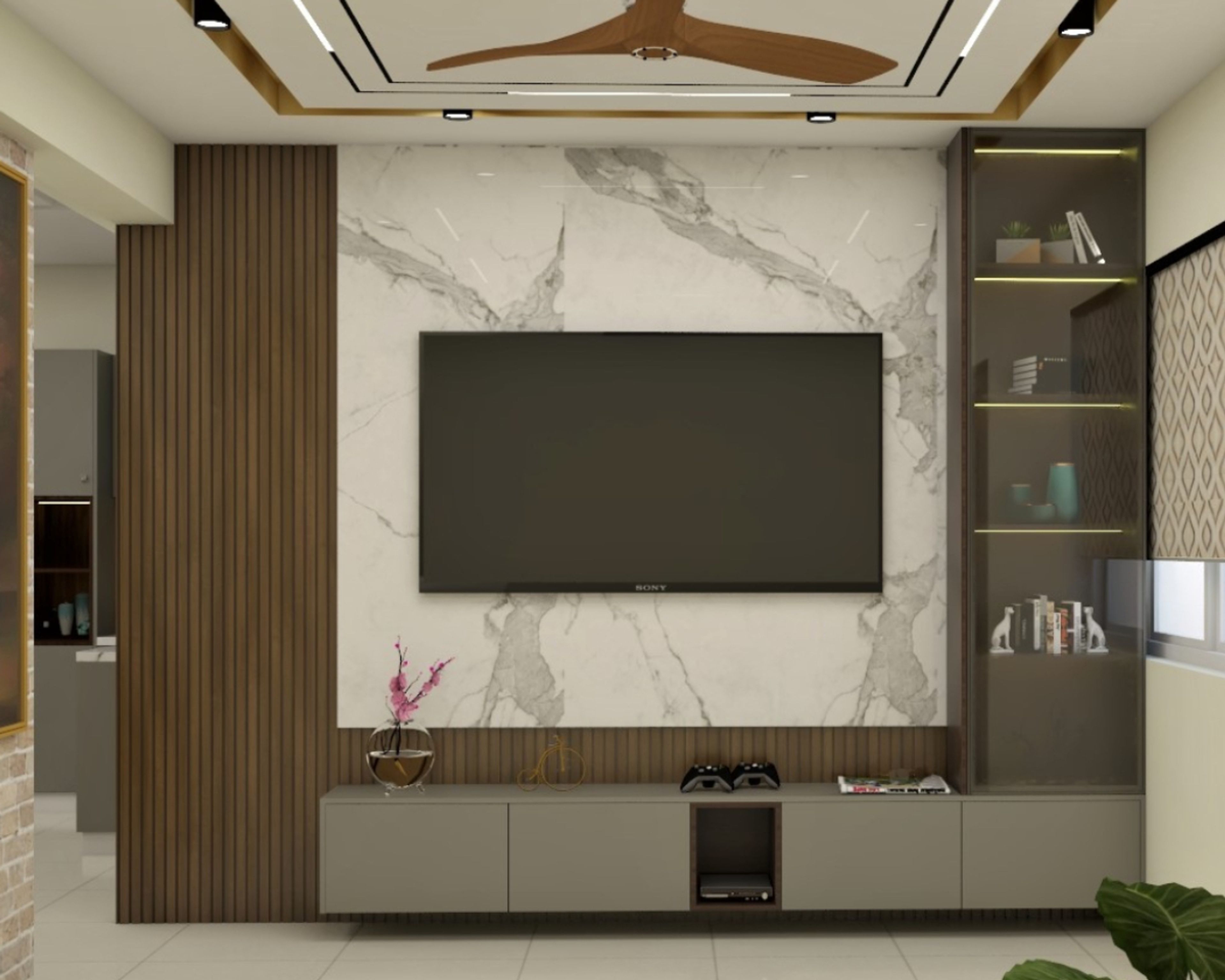 Modern TV Cabinet Design With White Marble And Wooden Panels