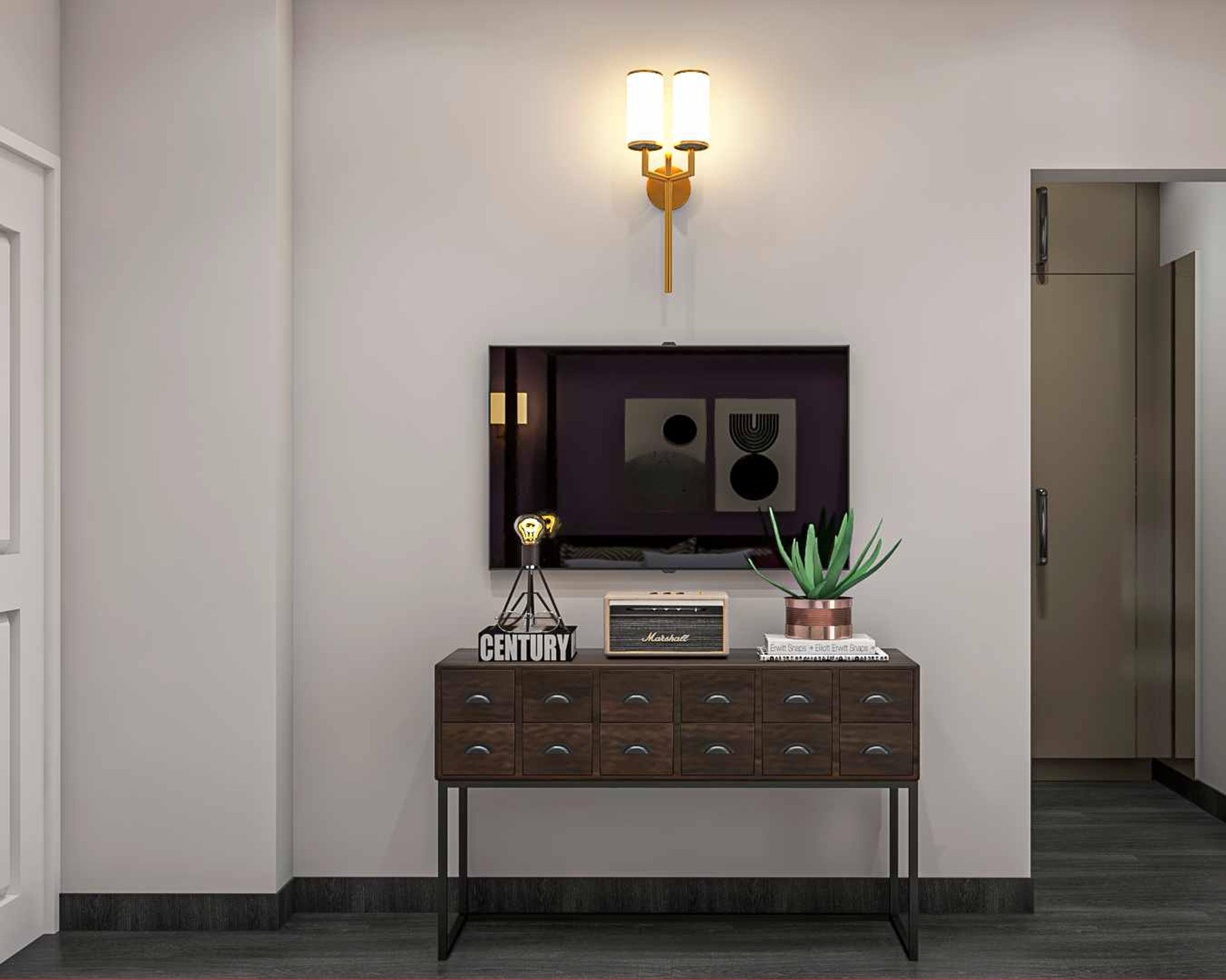 Mid-Century TV Unit Design With Antique Wooden Cabinet - Livspace