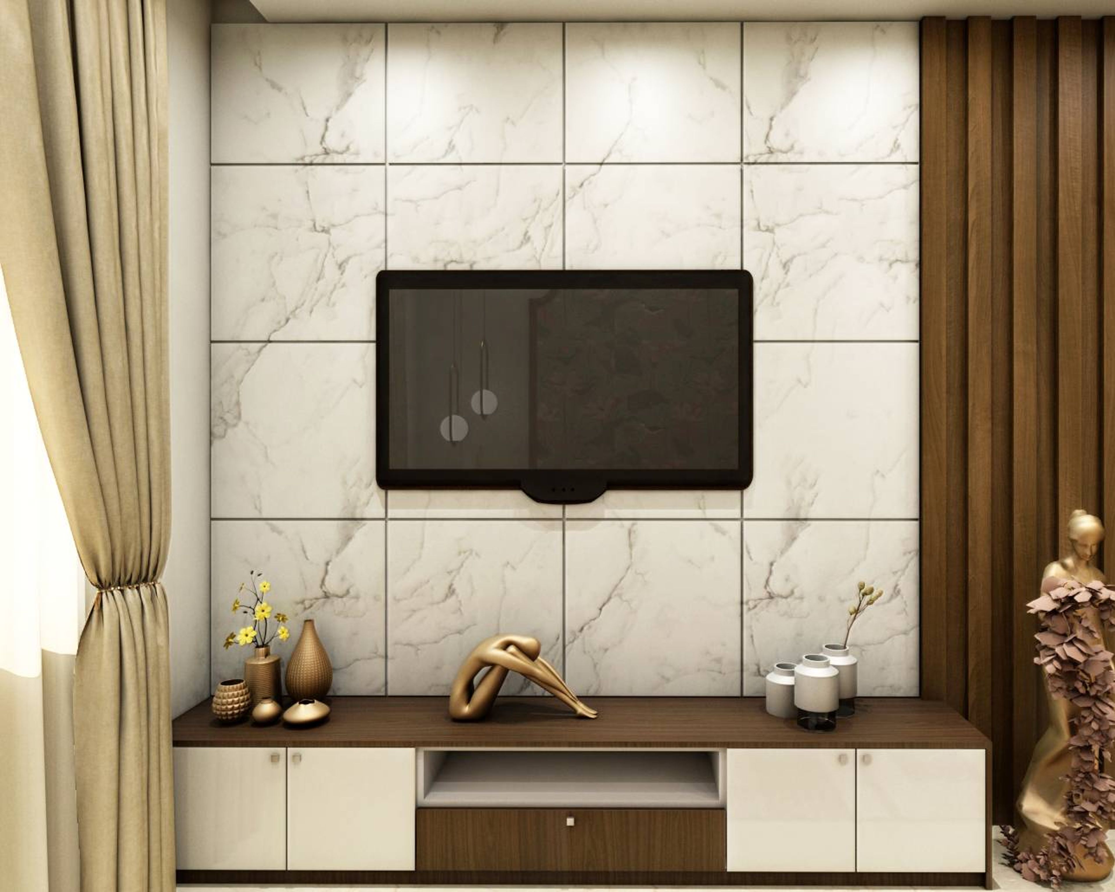 TV Unit With Tiled Accent Wall - Livspace