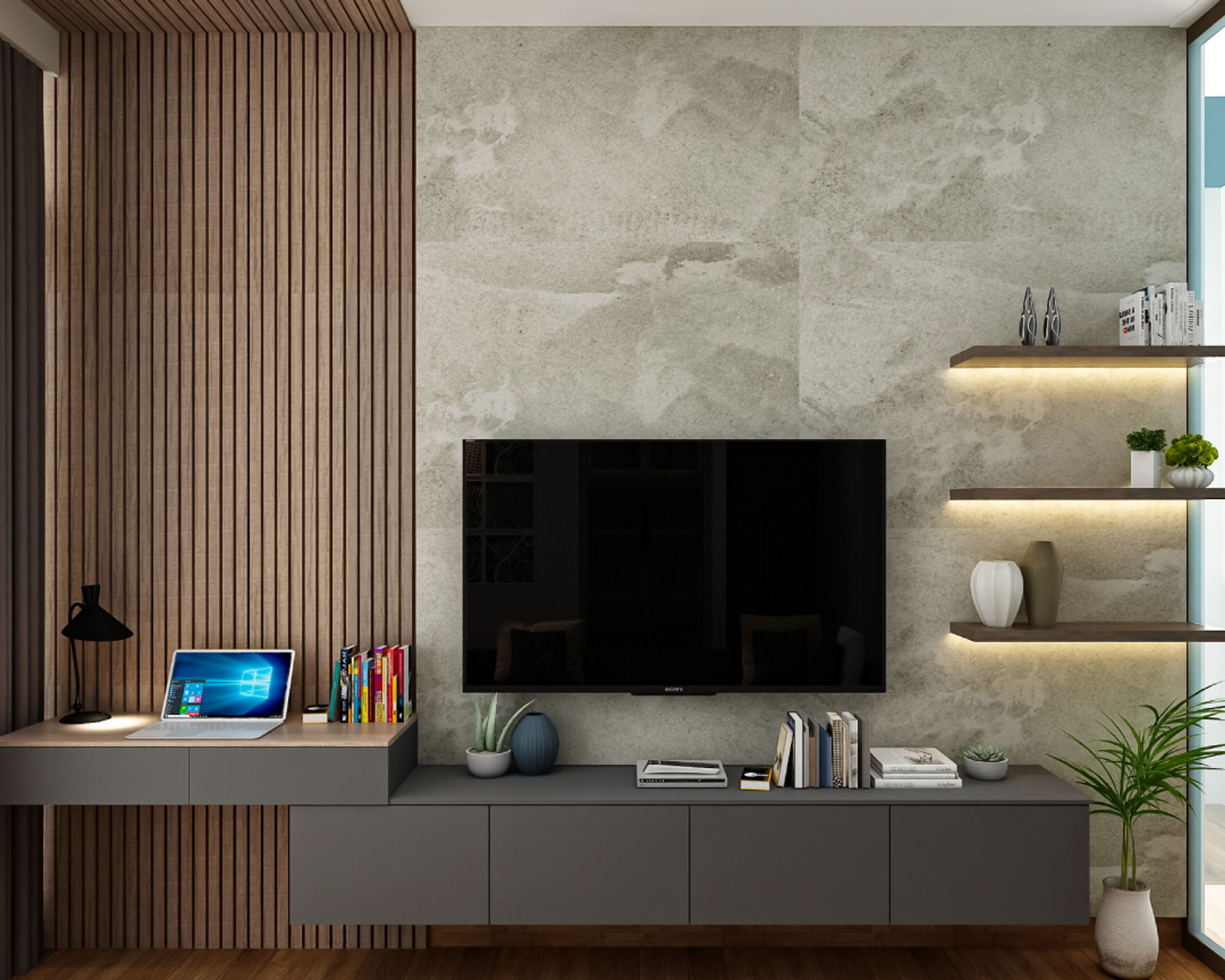 TV Unit With An Integrated Desk - Livspace