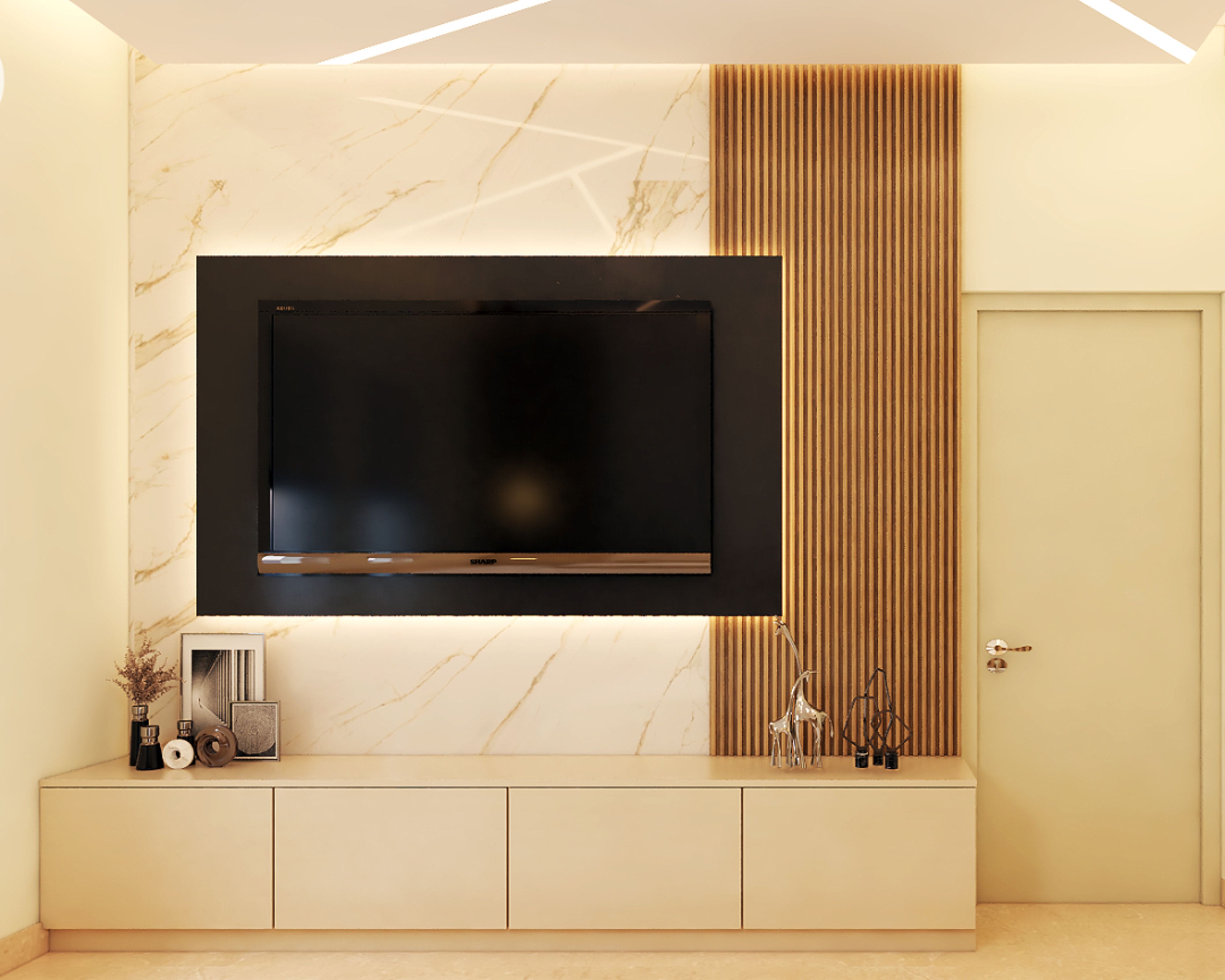 TV Unit With Marble Glossy Wall Panel - Livspace