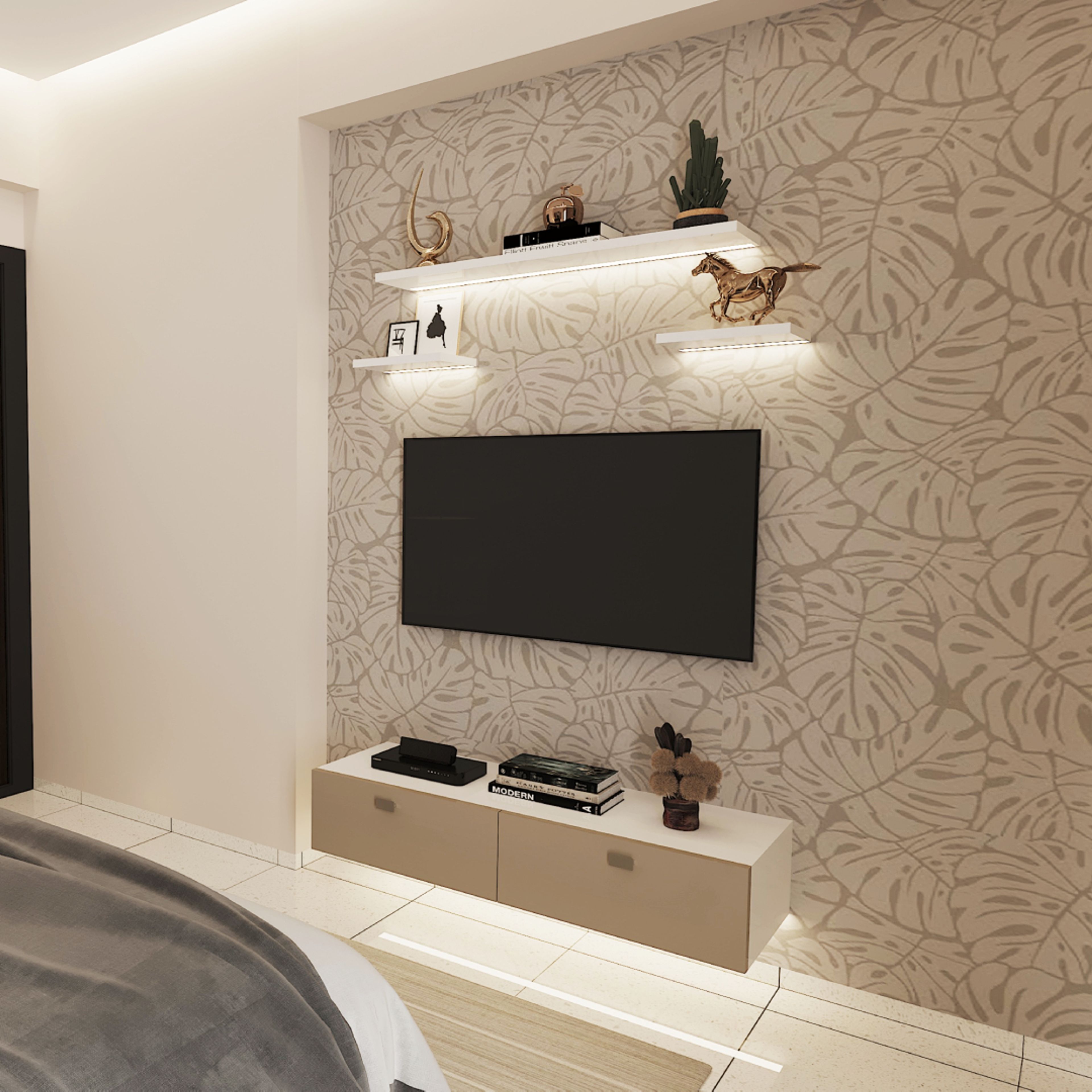 TV Unit With Printed Wallpaper - Livspace