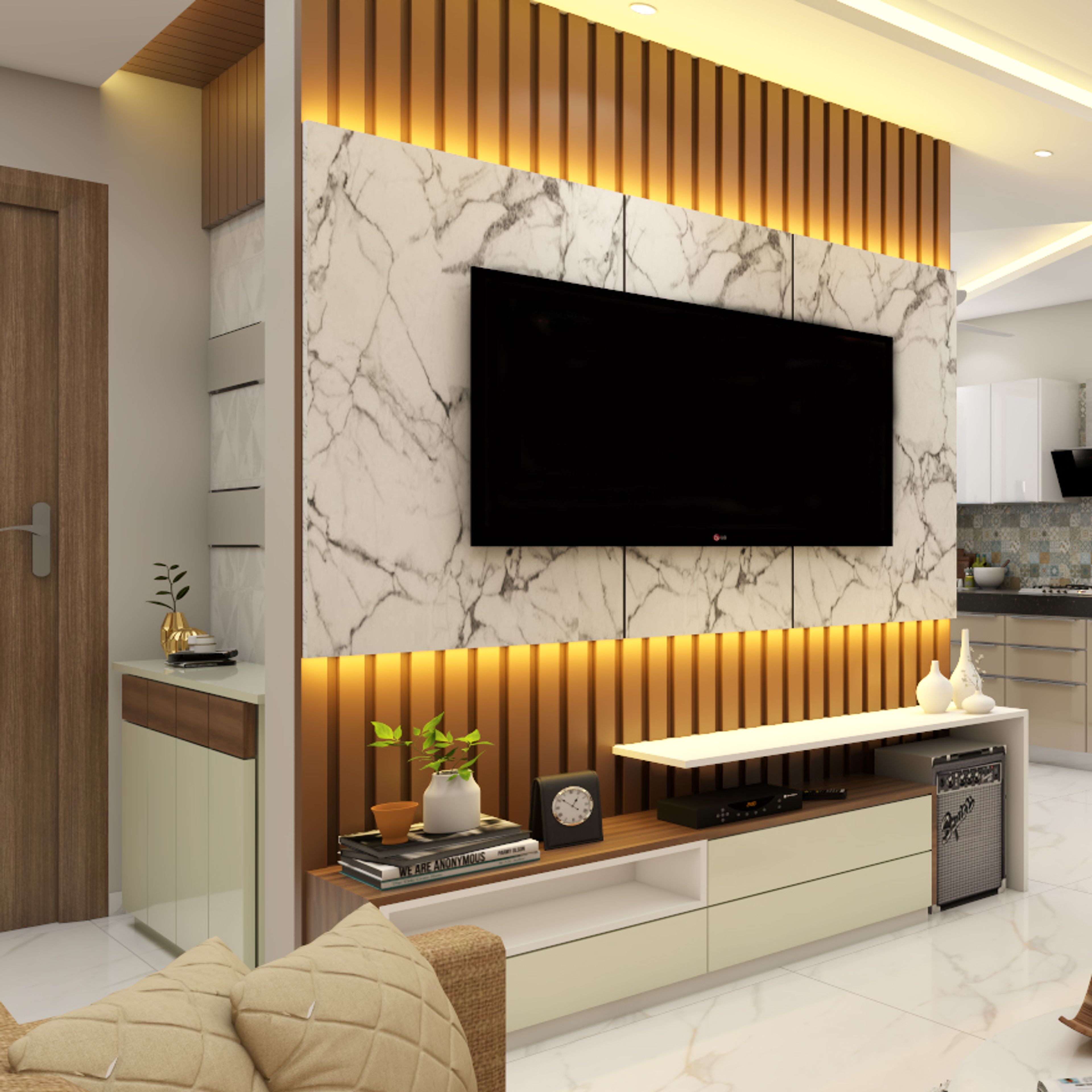 Modern TV Unit Design With A Splashed Marble Backdrop