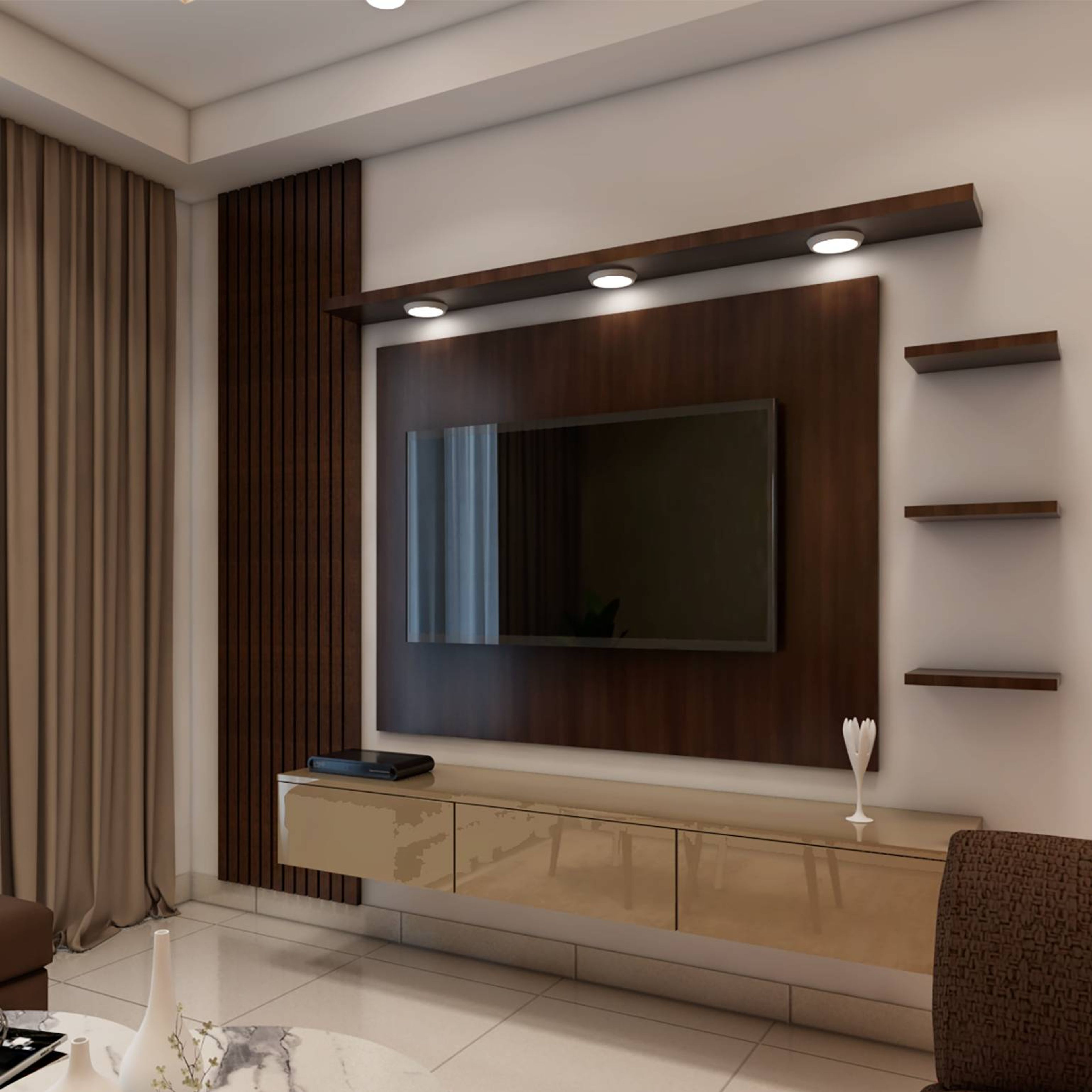 Contemporary Beige Finish TV Unit Design With Wooden Panels