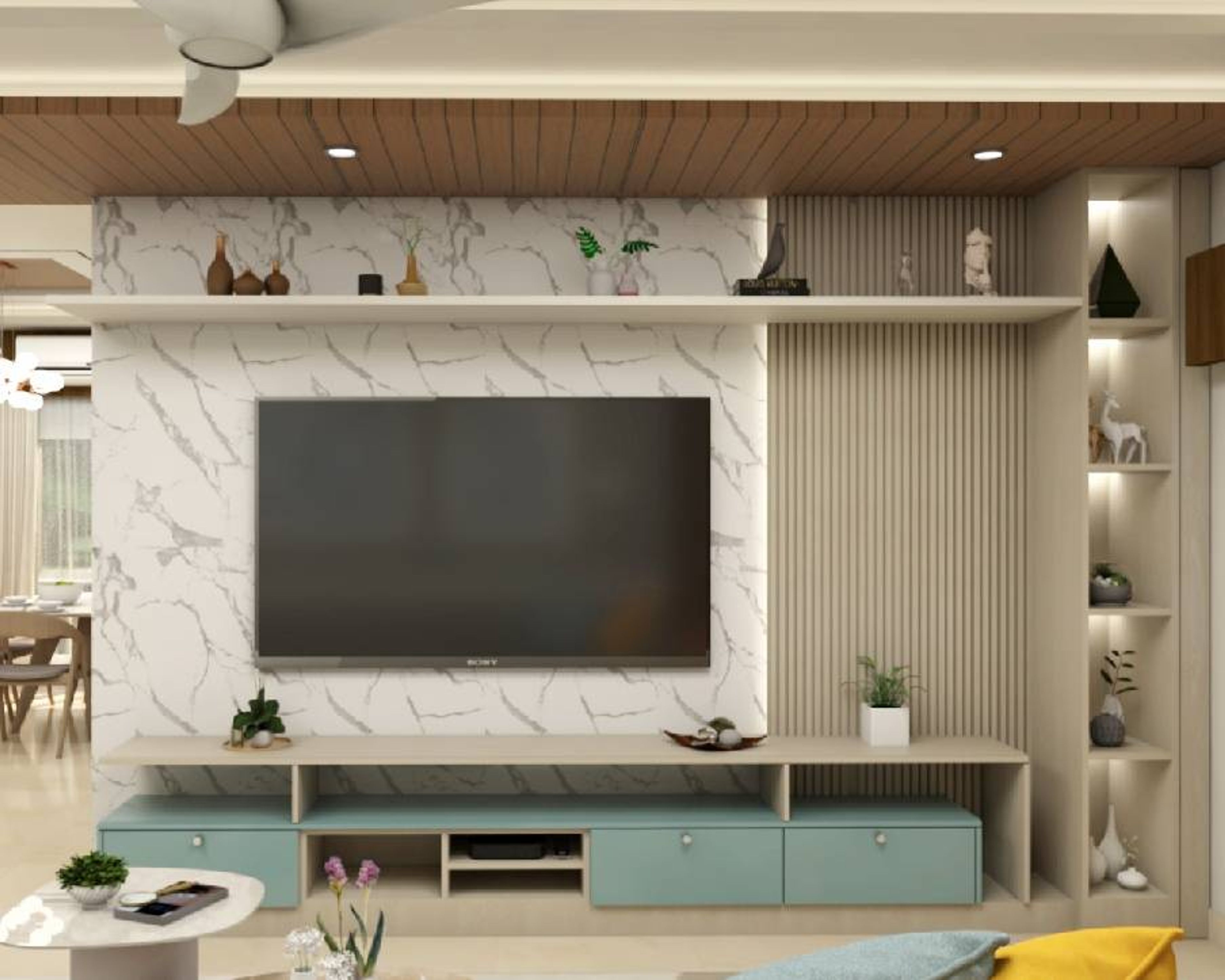 TV Cabinet With Long White Ledge - Livspace