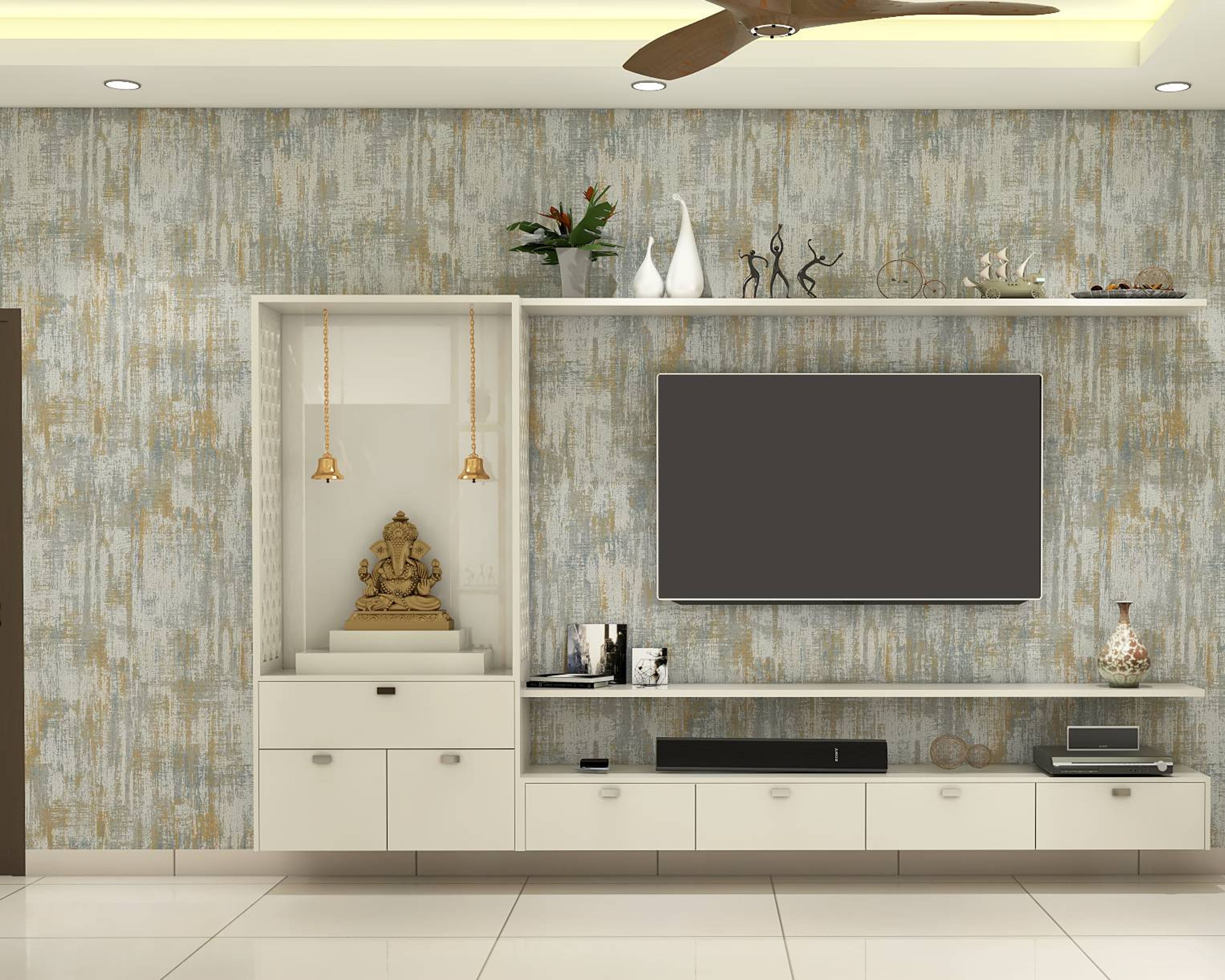 Modern TV Unit Design With Integrate Mandir