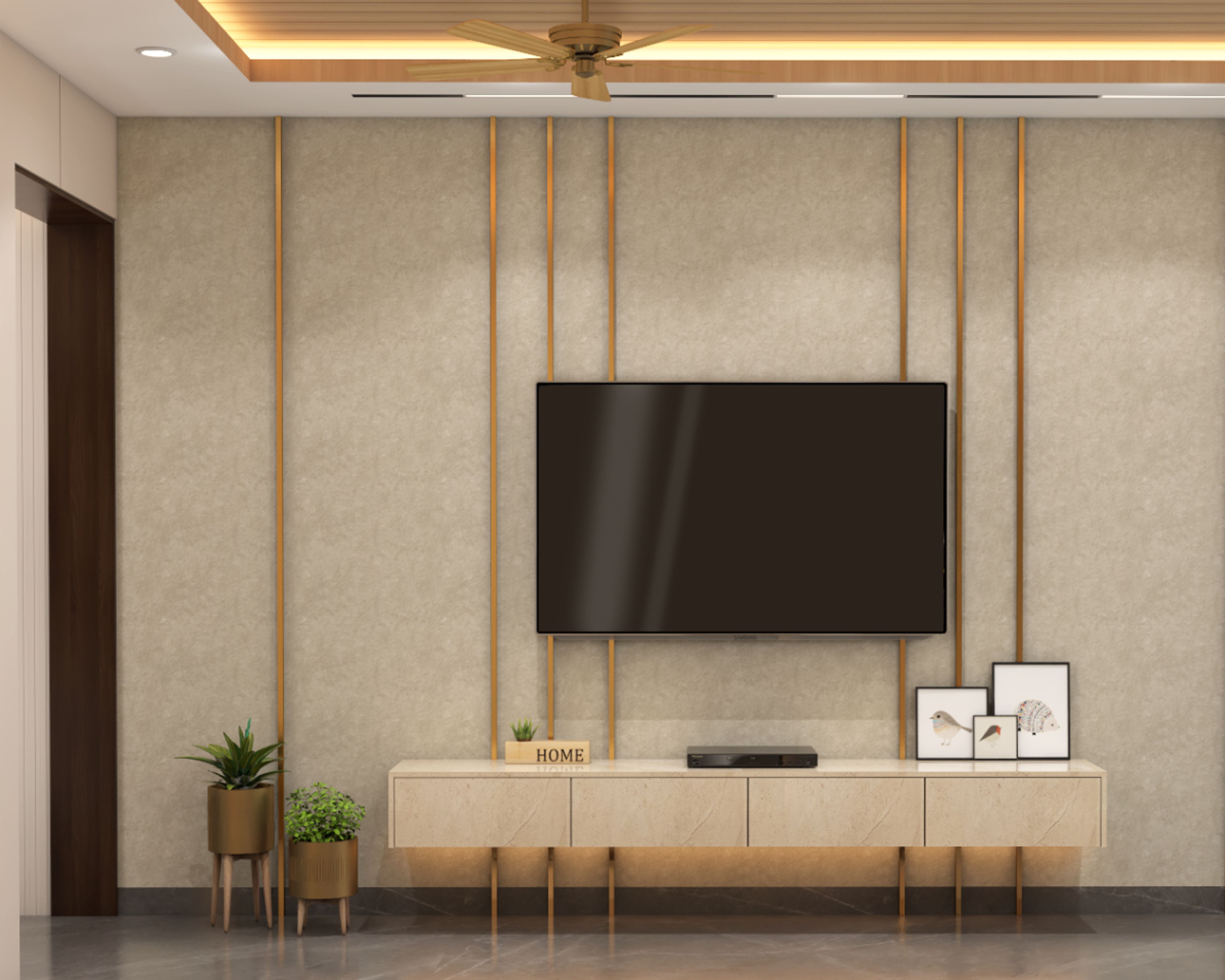 TV Cabinet Design With Beige Accent Wall - Livspace