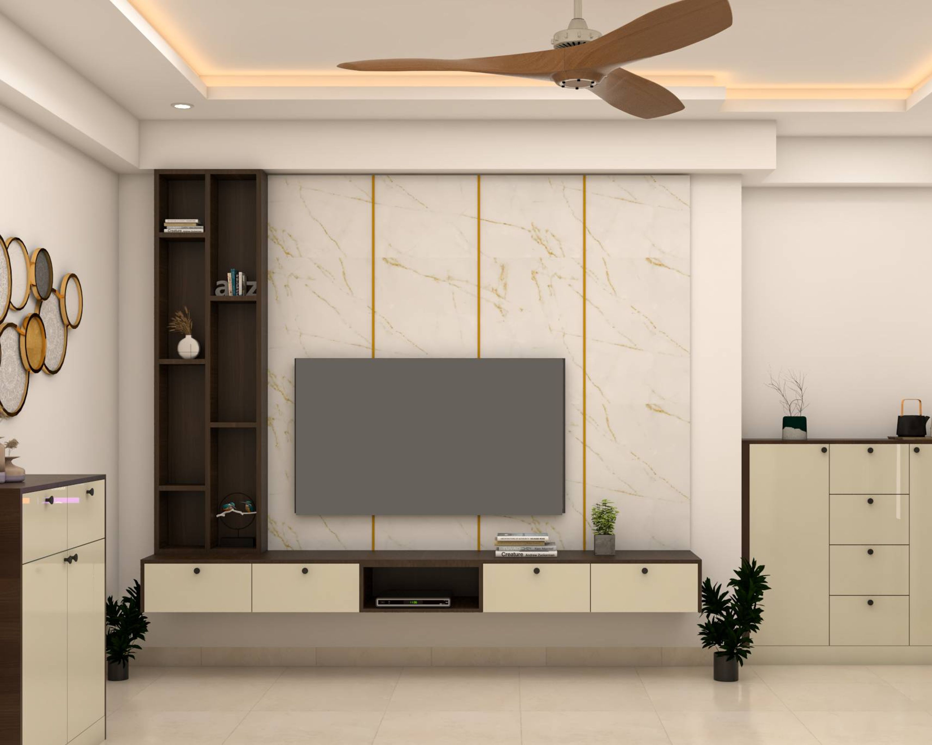 Modern TV Cabinet Design With Marble Panelling And Gold Strips