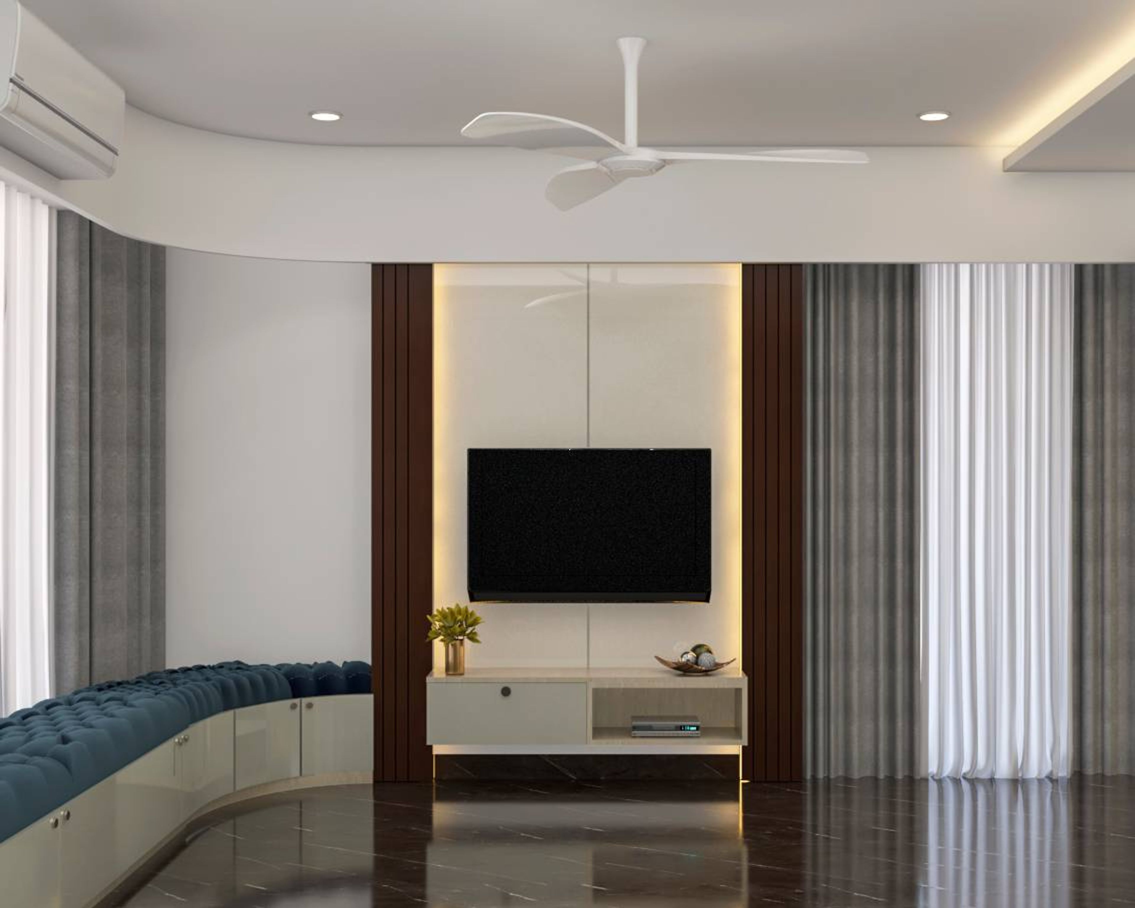 Modern Spacious TV Unit Design With White Glossy Backdrop