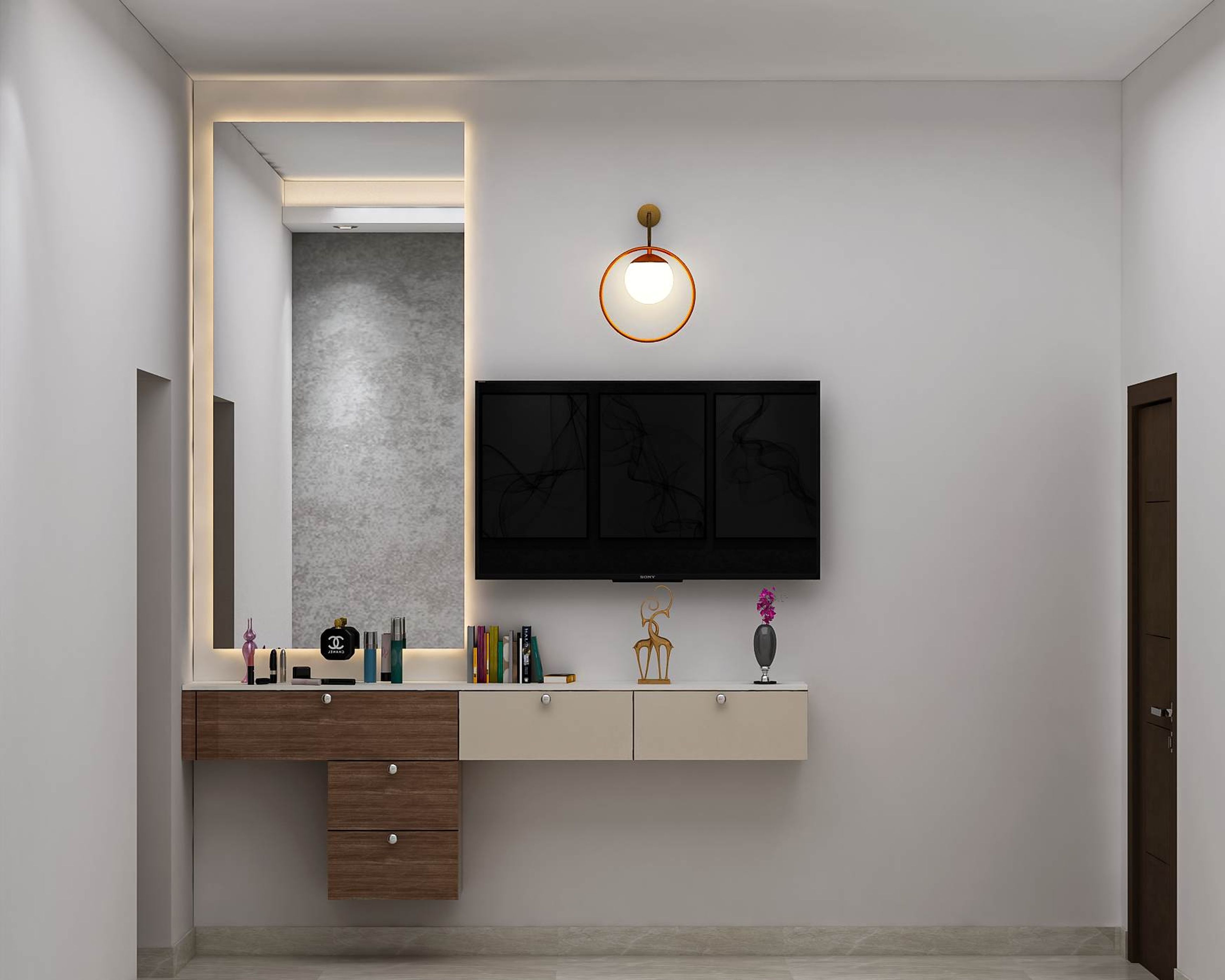 Modern White TV Unit Design With Integrated Dressing Table