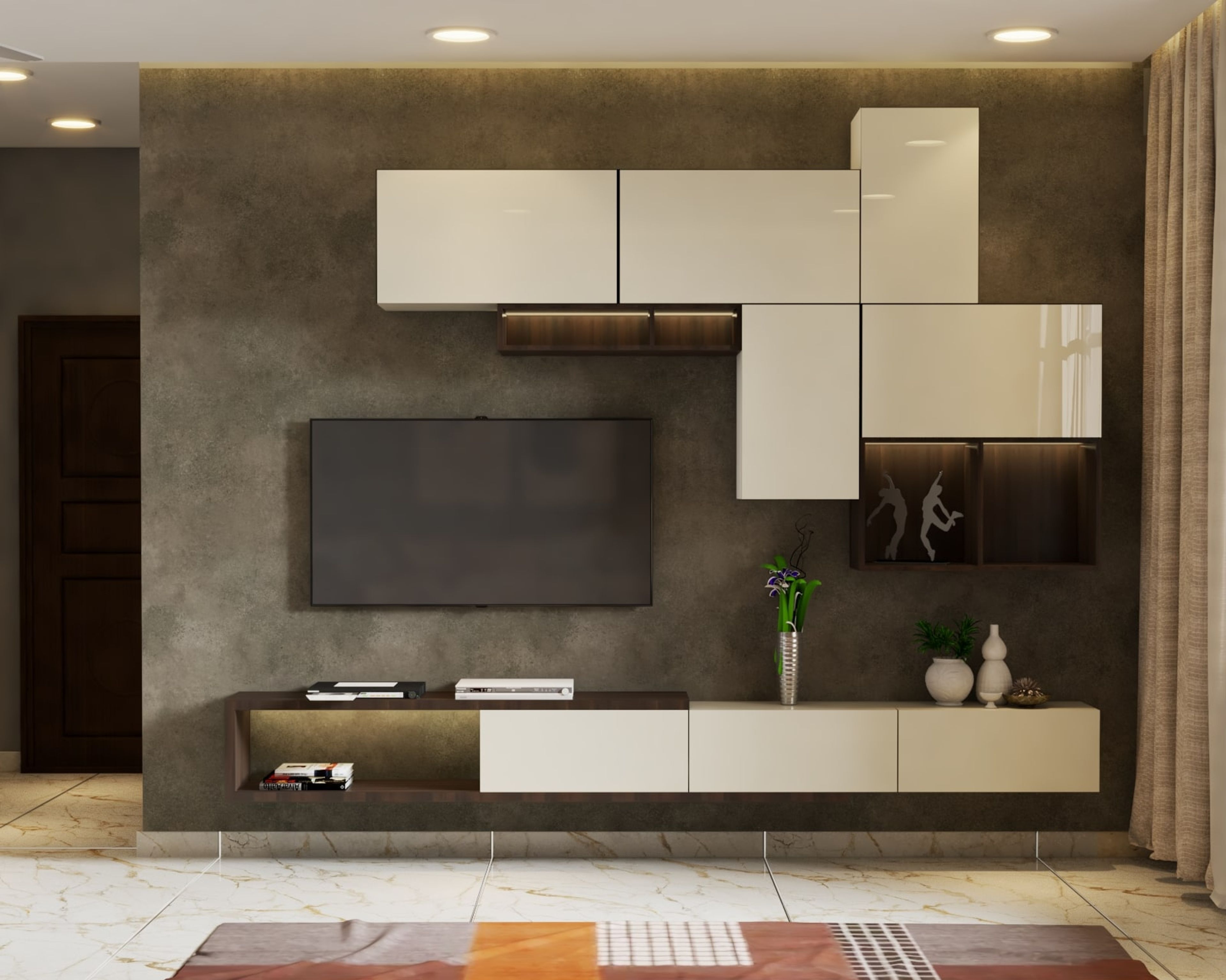Spacious TV Unit With Black Accent Wall - Livspace