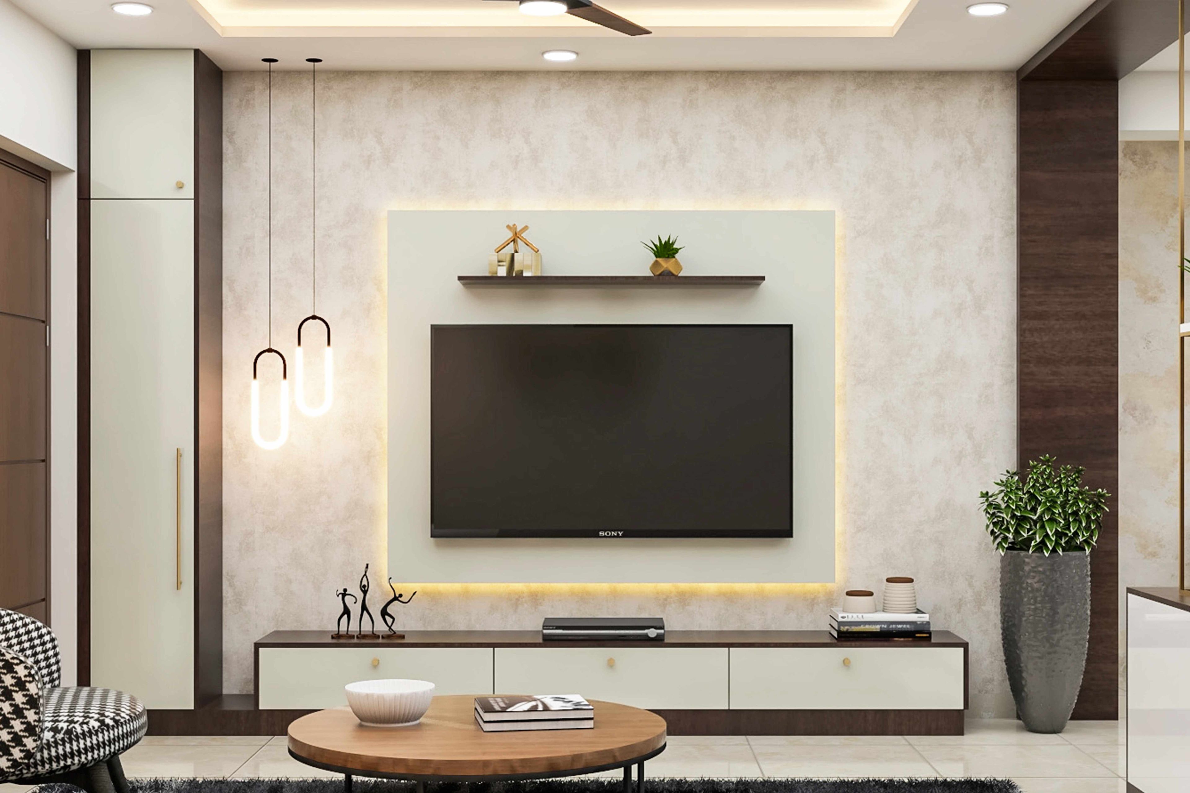 Modern Wall-Mounted TV Unit Design With White And Brown Console