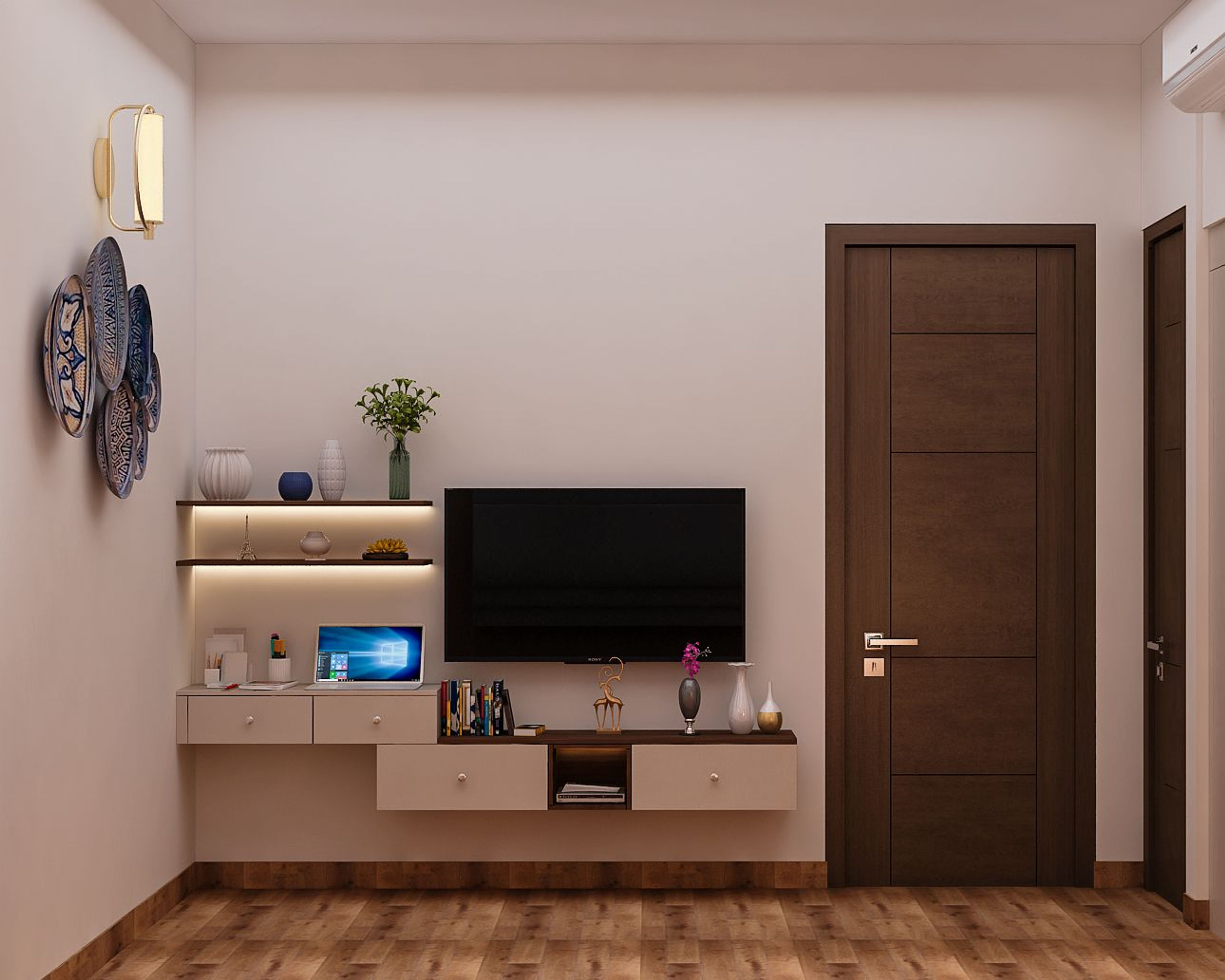 Beige And Wooden TV Unit Design - Livspace