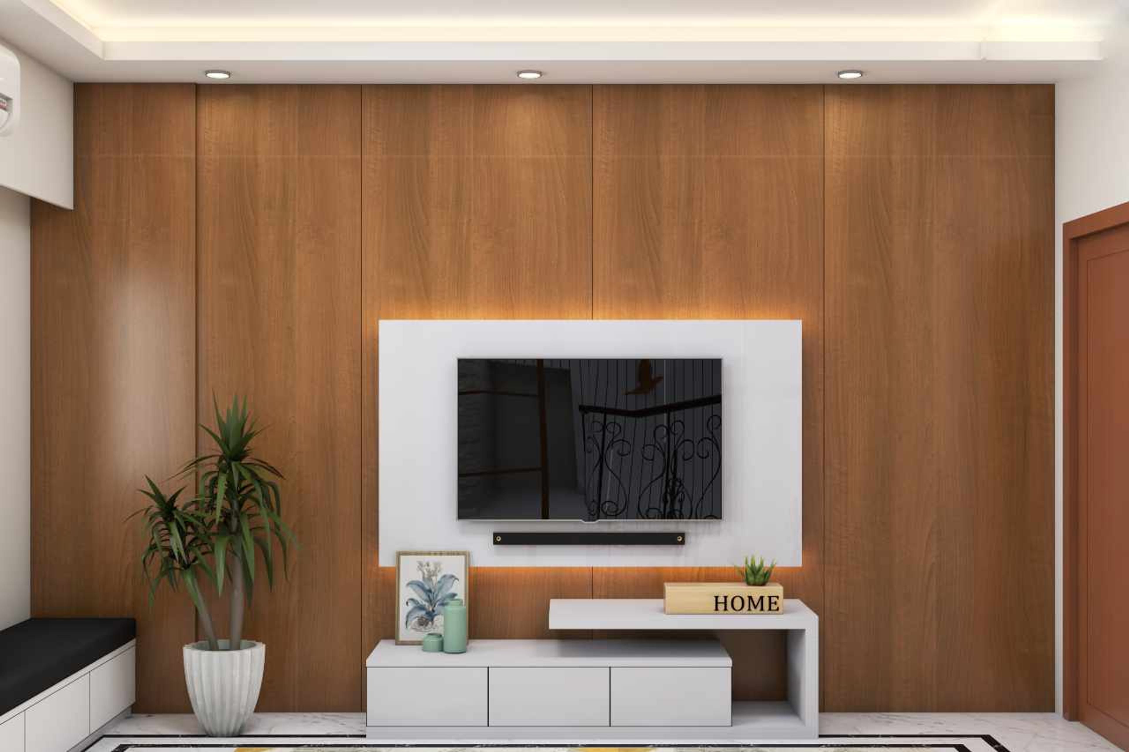 Premium TV Unit Design With White And Wood Finishes - Livspace