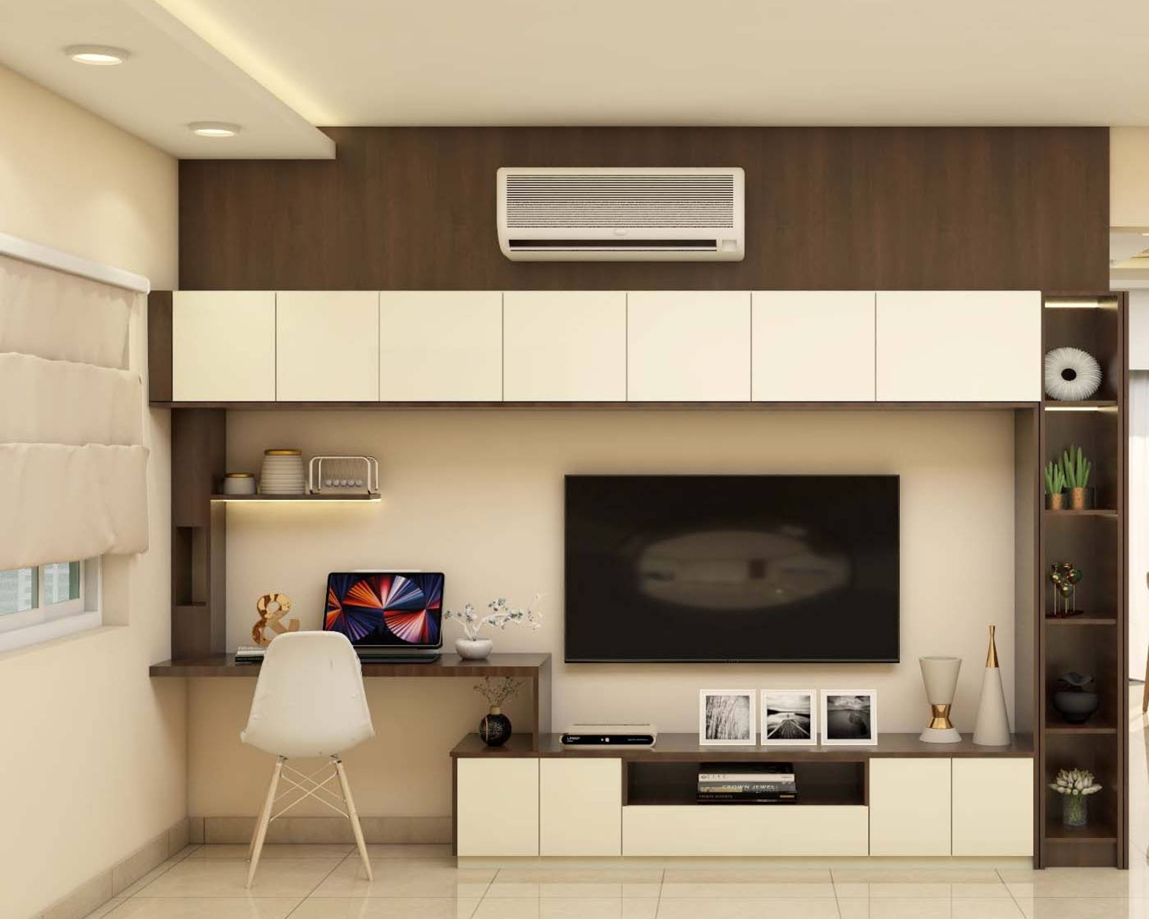 Contemporary Wood And White TV Cabinet Design With Study Table