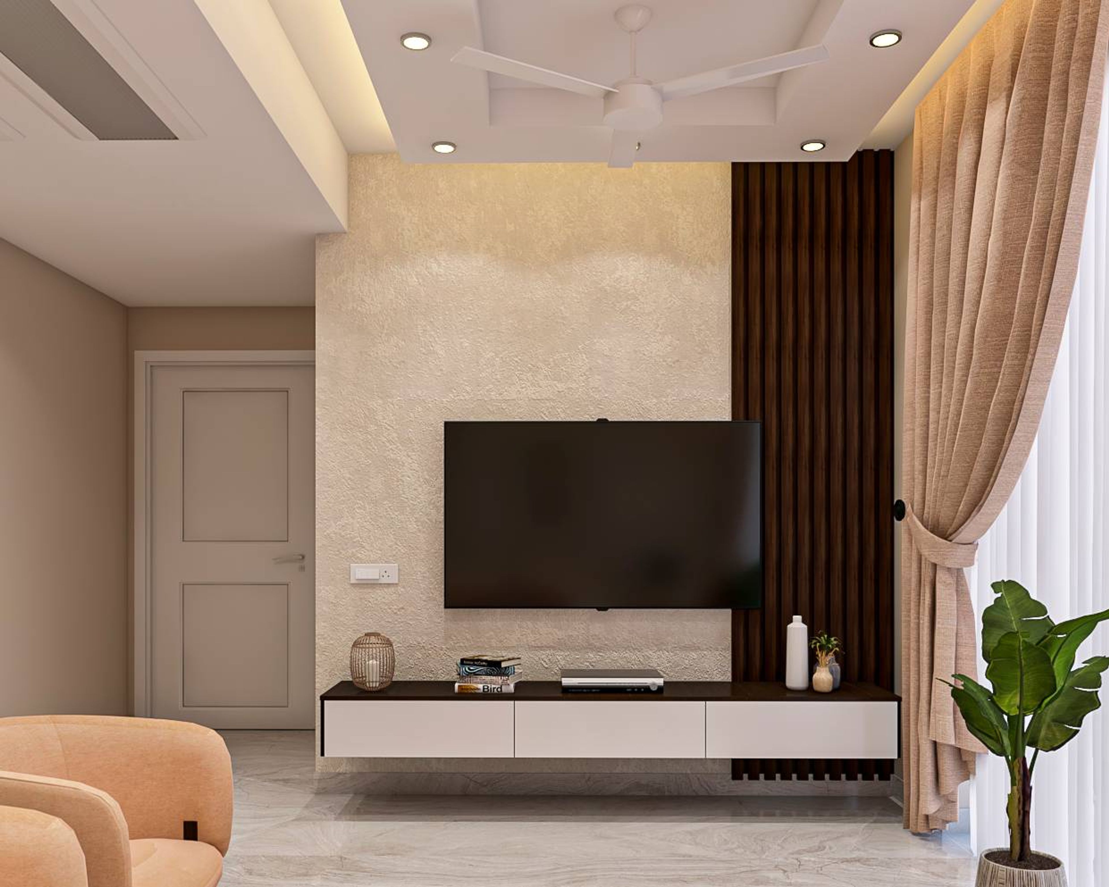 Contemporary TV Unit Design With Beige Textured Wall