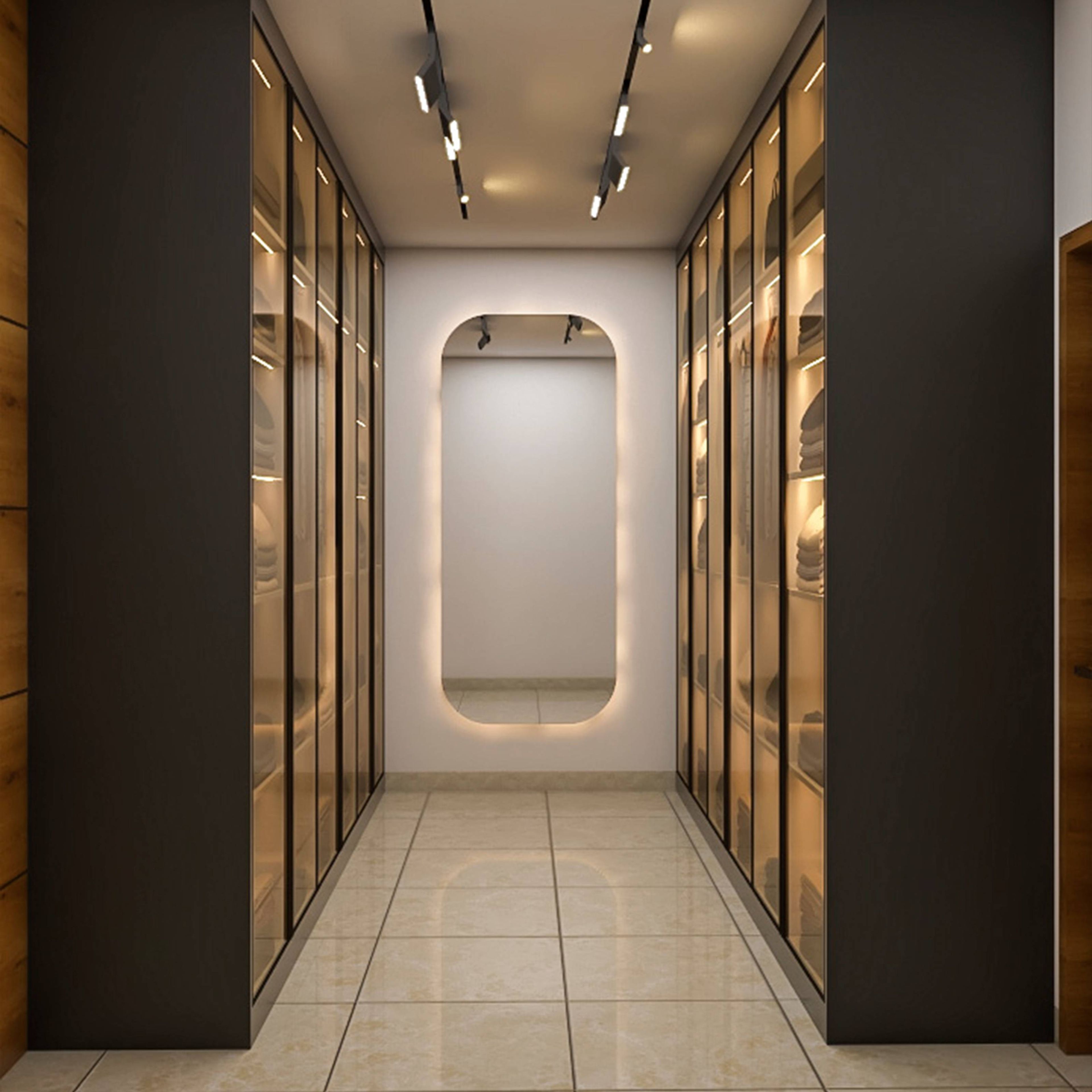 Walk-In Modern Wardrobe Design With Transparent Shutters