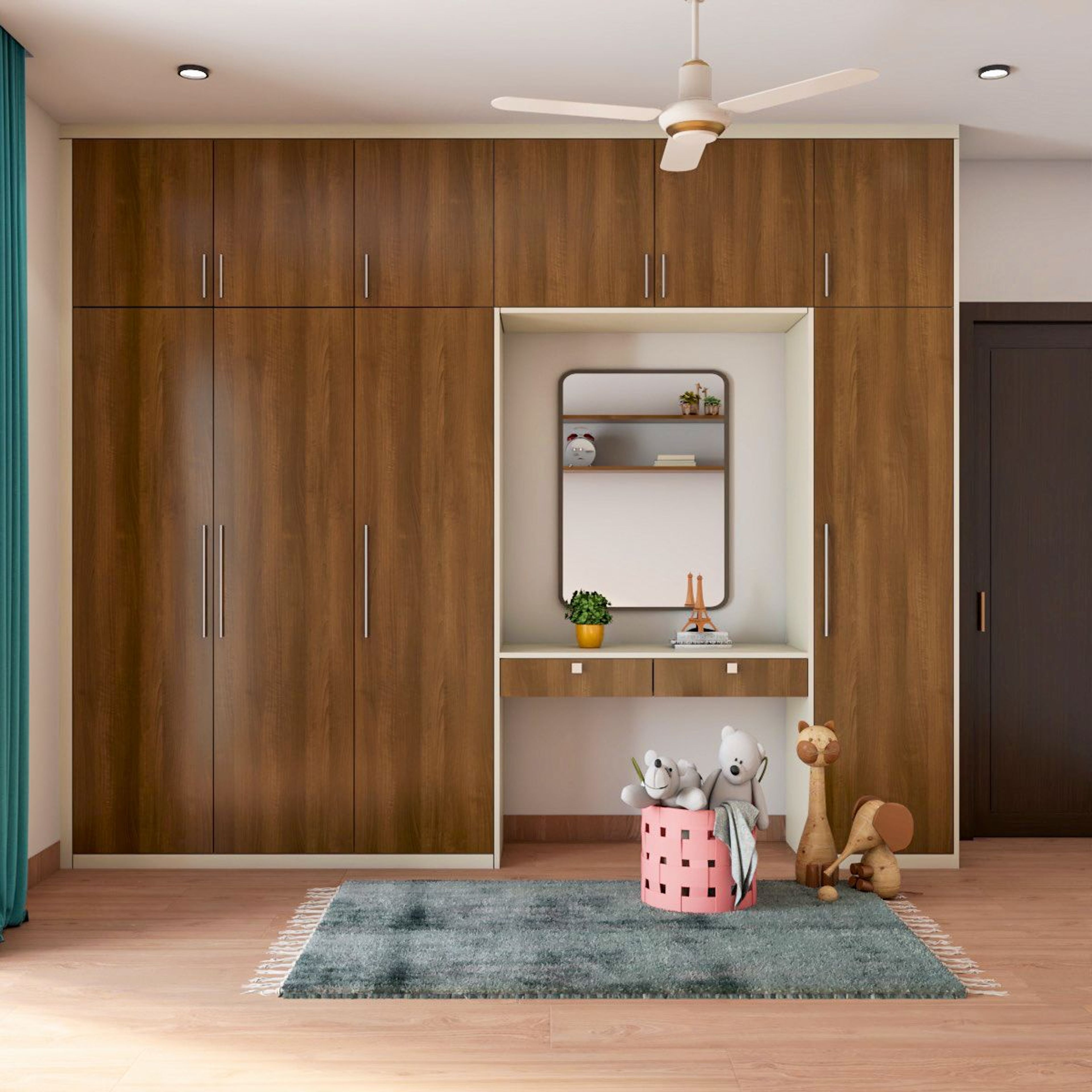 Modern Swing Wardrobe Design With Wall-Mounted Make Up Table