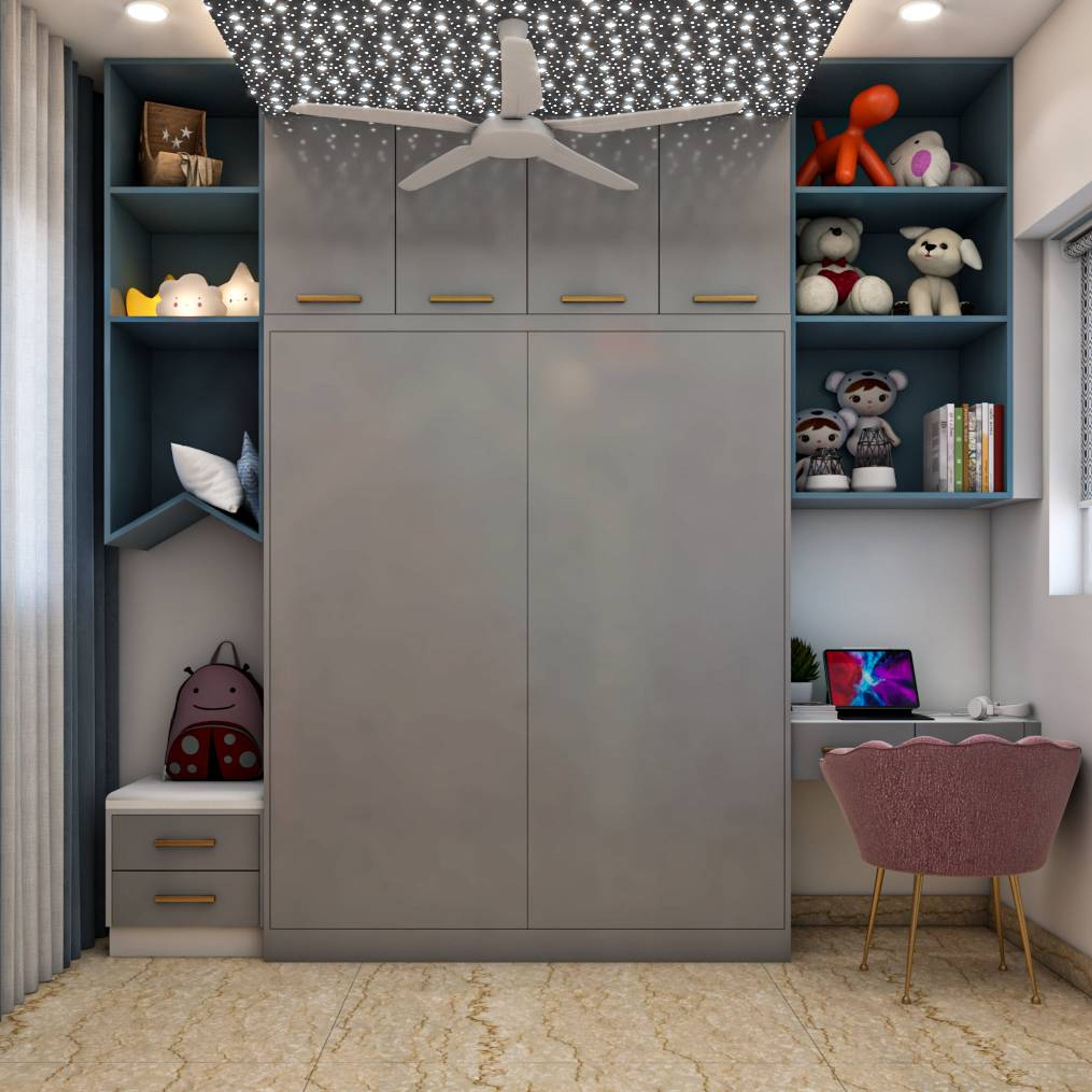 Modern Blue And Grey Sliding Wardrobe Design