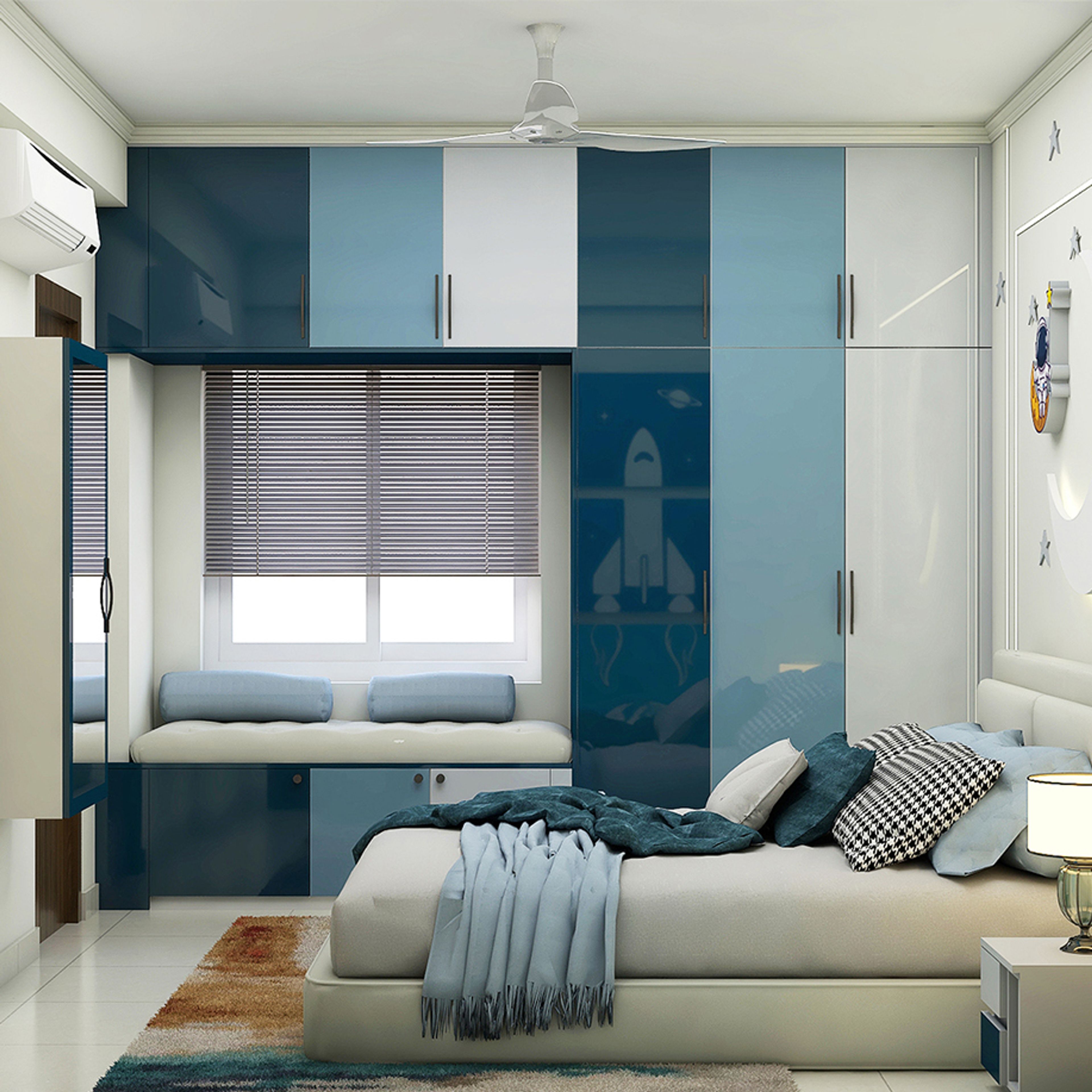 Contemporary Swing Wardrobe Design With Bay Window Seating