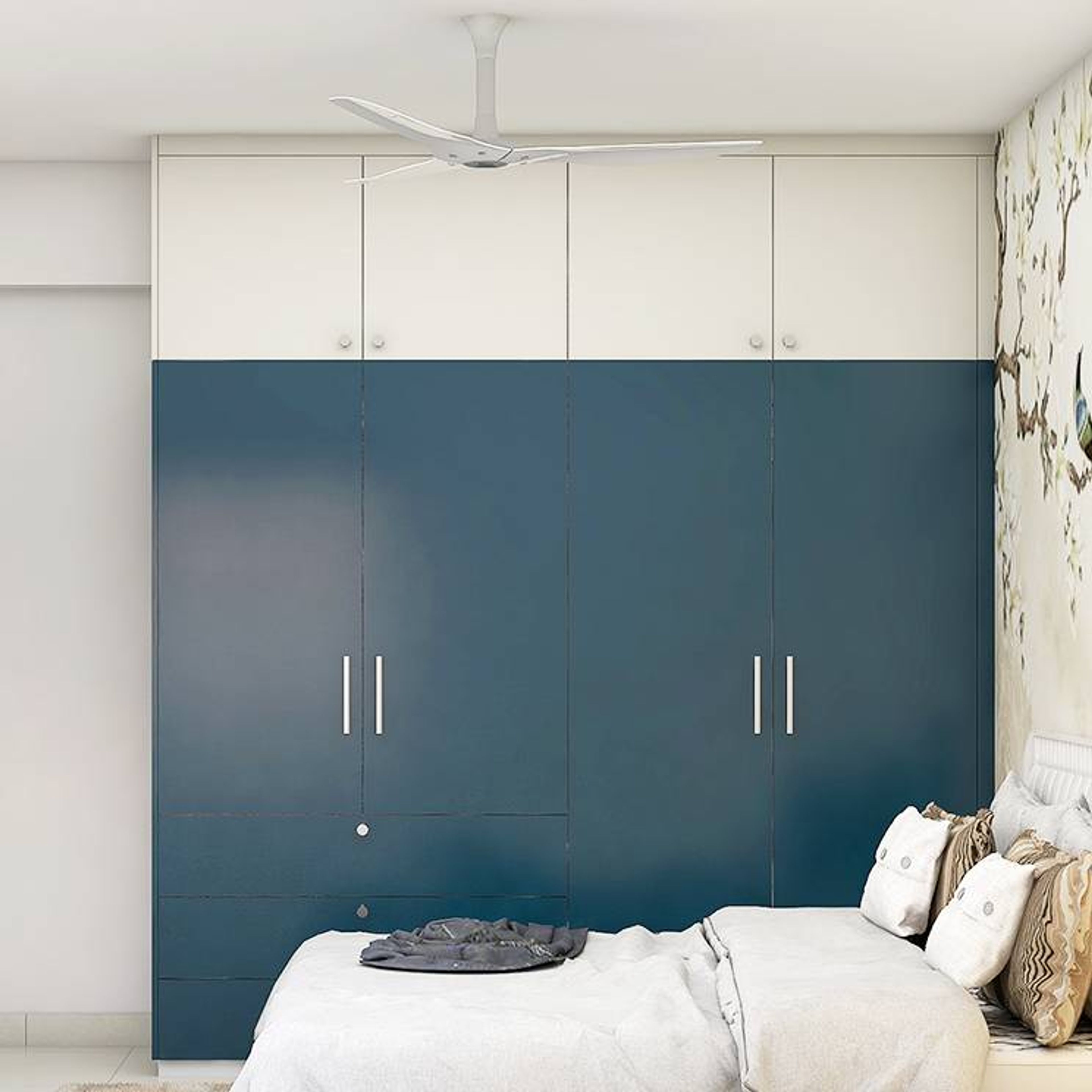 Spacious Blue And White Wardrobe Unit Design With Loft