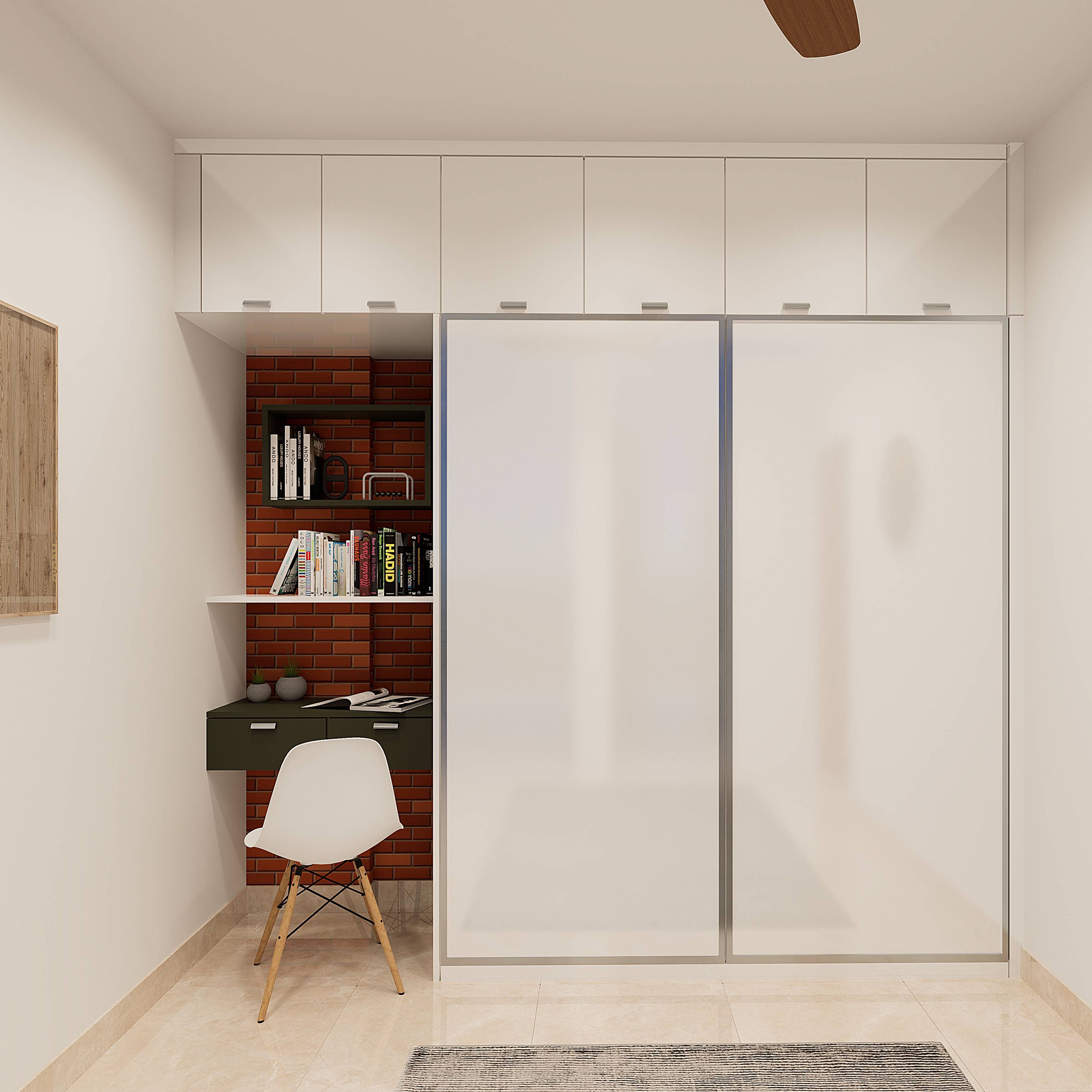 Modern Frosty White Wardrobe Design With A Study Unit
