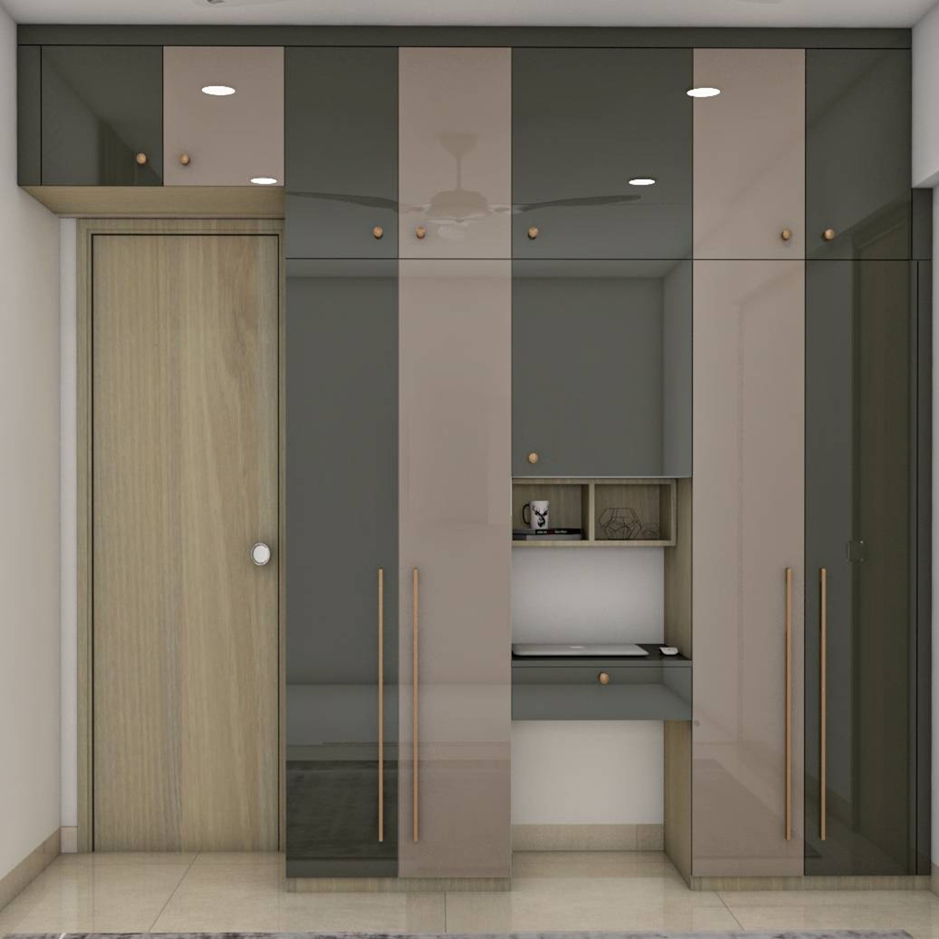 Beige And Grey Modern Wardrobe Design With A Glossy Finish