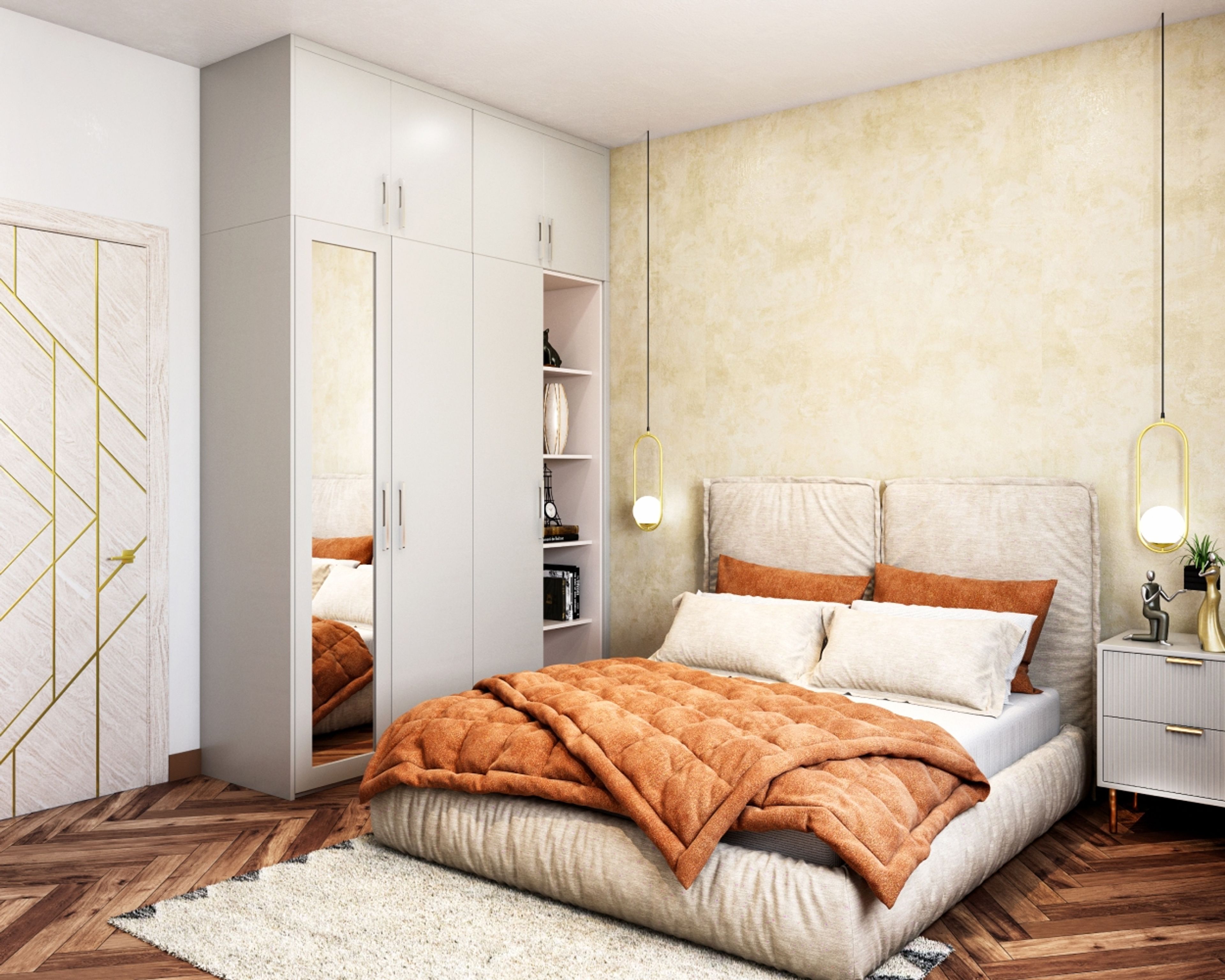 Modern Guest Room Design With 3-Door Swing Wardrobe With Lofts