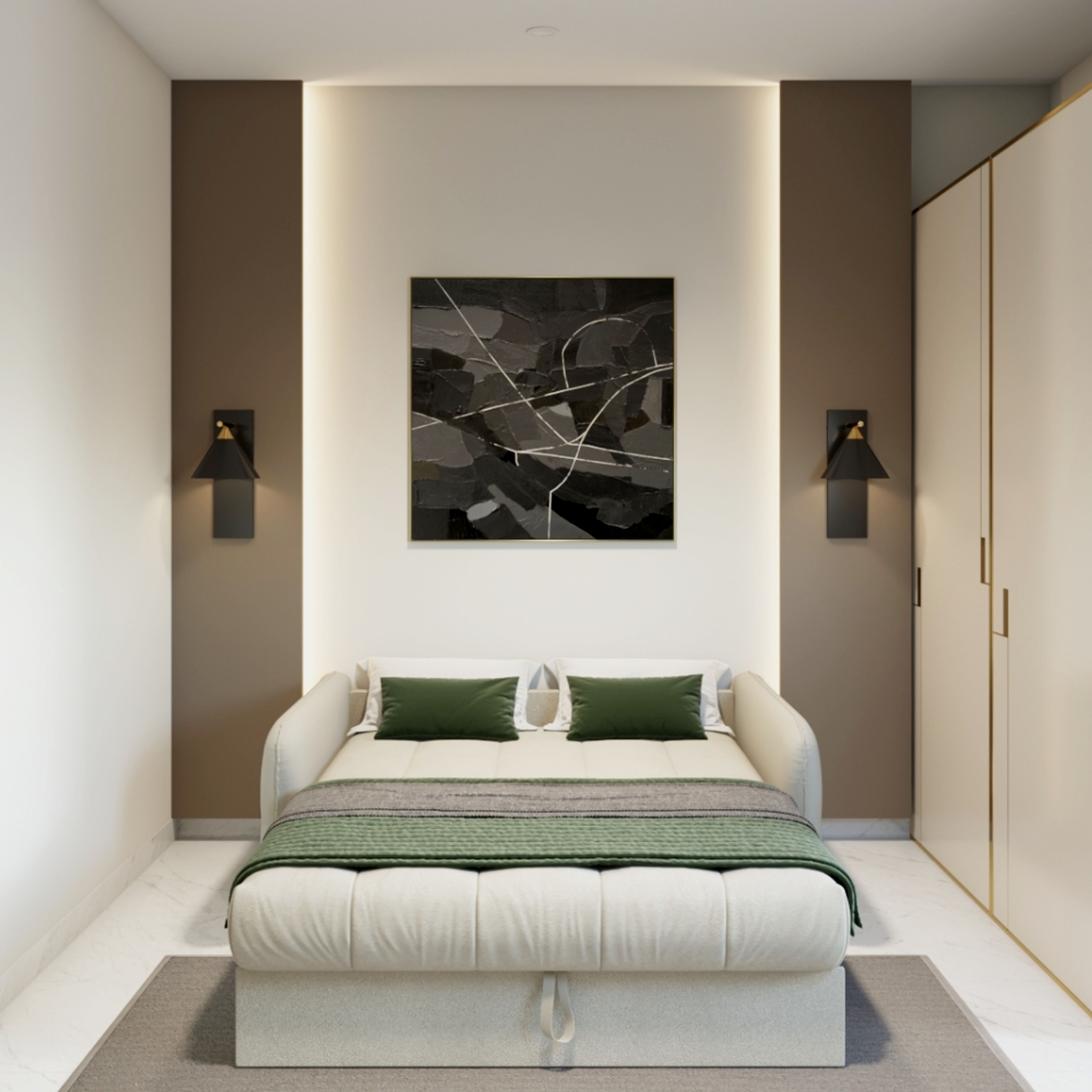 Modern Guest Bedroom Design With Beige Queen-Sized Bed And Abstract Wall Art